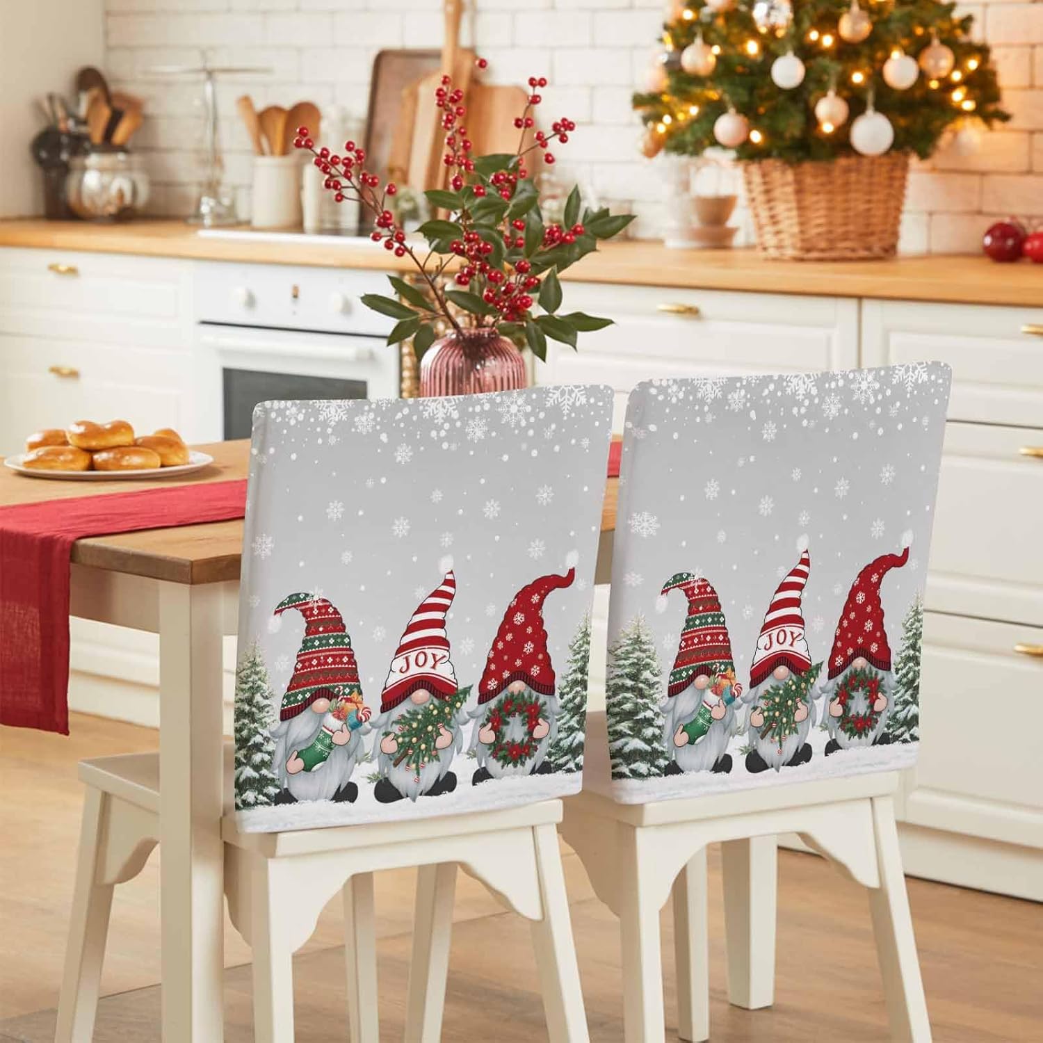 Savannan Dining Chair Back Covers, Christmas Tree Gnome Snowman Snowflake Winter Snow Gray Chair Covers Chair Slipcovers Protective Covers for Holiday Party Festival Decoration, Set of 4