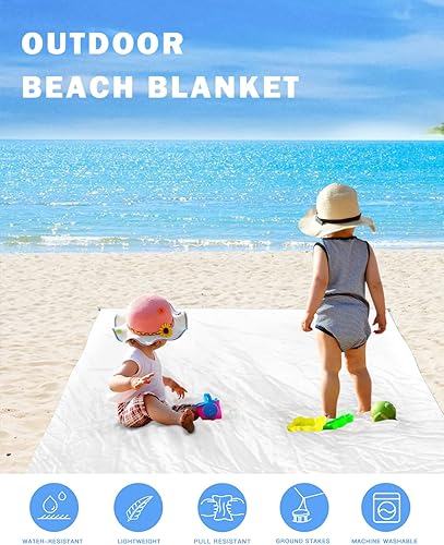 Miniatura 5 de Manta de playa impermeable a prueba de arena de 118 x 108 pulgadas, color blanco, tapete de playa de gran tamaño con 4 bolsillos esquineros para