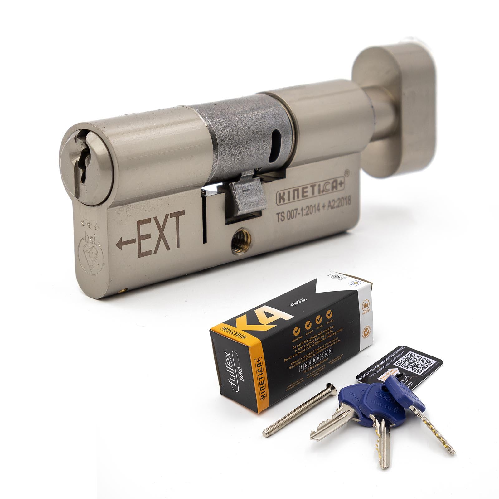 Fullex Kinetica+ K4 3* Thumbturn Euro Cylinder Door Lock - Nickel, 40/40 (80mm)