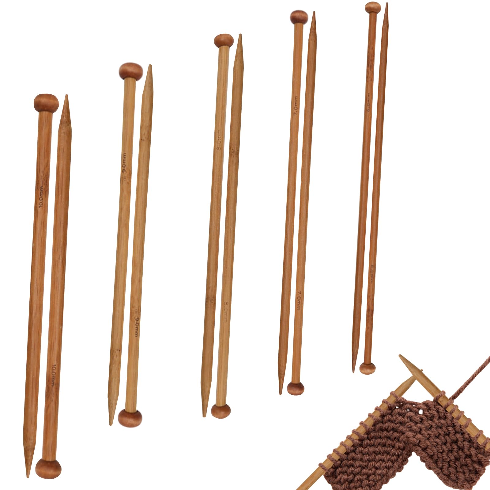 Llikknve Brown 10 Pcs Knitting Needles Uk 10Mm, 9Mm, 8Mm, 7Mm, 6Mm, Bamboo Knitting Needles Set, Wooden Knitt-Ing Needl-Es For Diy Handmade Wool Sweater Scarf