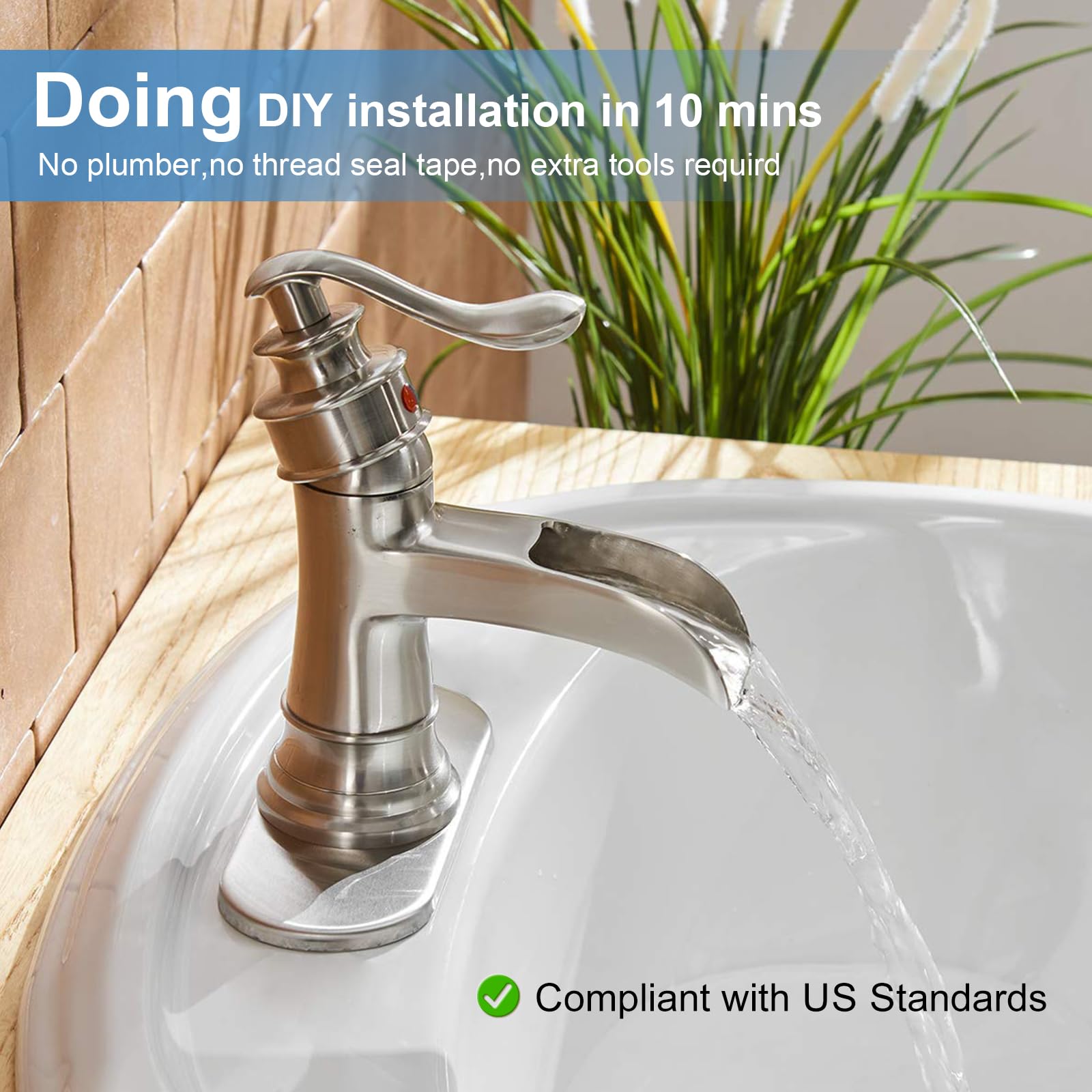 Bathroom Faucet Brushed Nickel Waterfall Single Hole Sink Vanity with