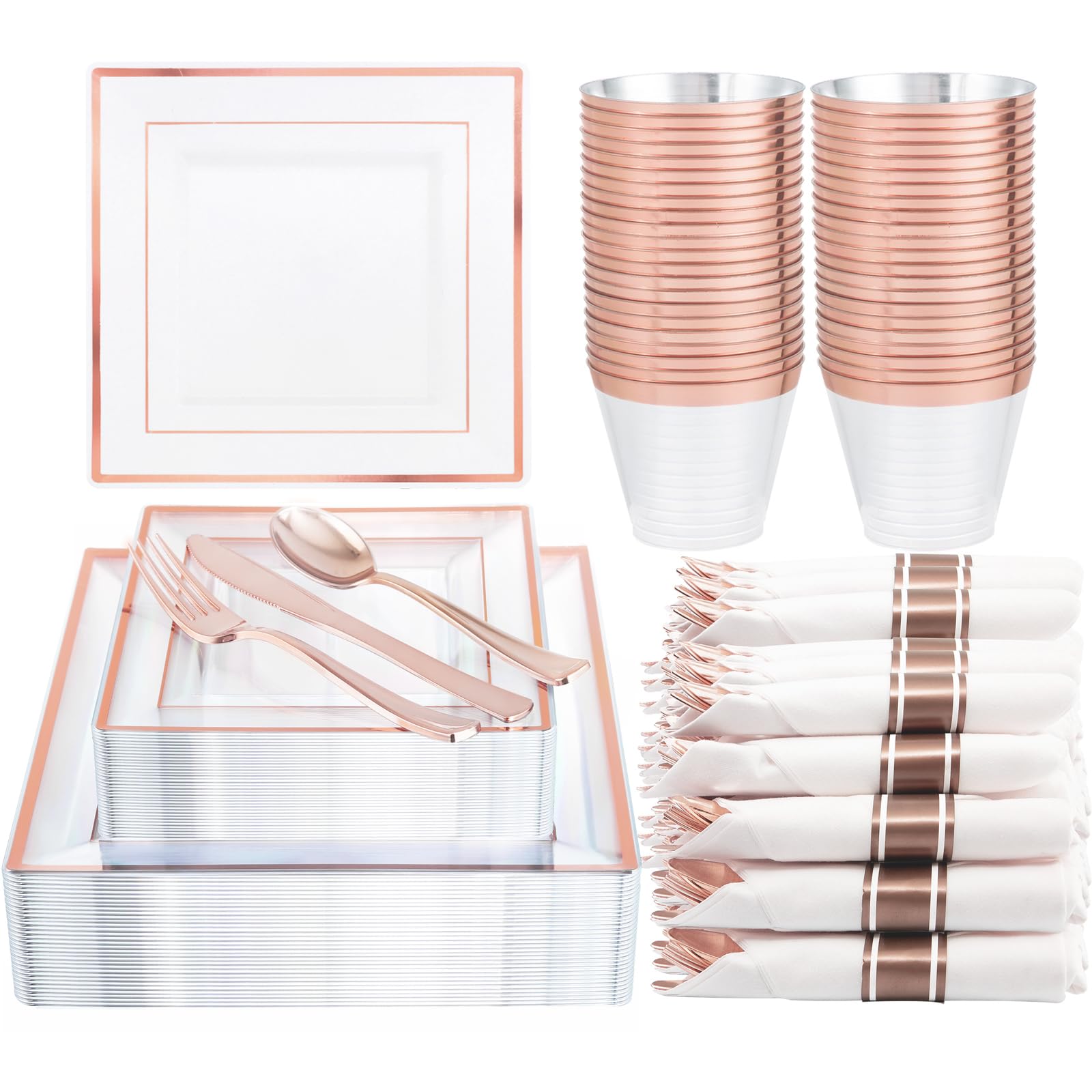 DaYammi175 PCS Rose Gold Plastic Plates, Rose Gold Plastic Dinnerware Sets Includes: 25 Dinner Plates, 25 Salad Plates, 25 Pre Rolled Napkins with Rose Gold silverware 25 Cups 9 OZ, Perfect for Party
