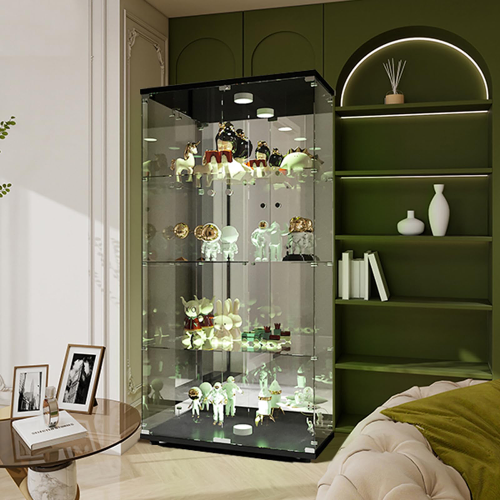 SONNI Vitrine en verre avec éclairage LED noir/blanc, façade brillante