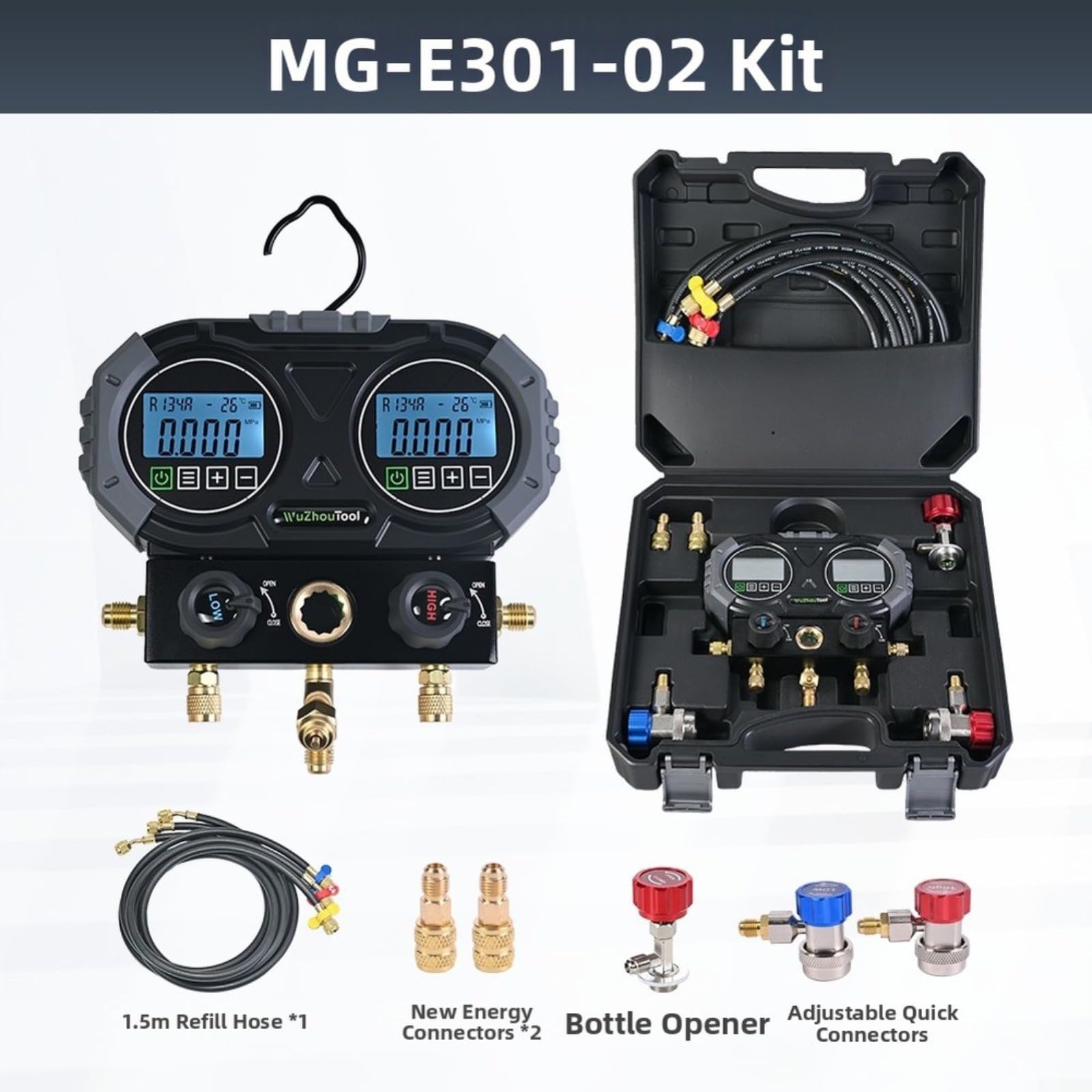 Medidor de presión digital para R410A R32 R134a, manómetro electrónico HVAC con válvula de bola, medidor de vacío 0-6000 kPa, pantalla LCD para mantenimiento y llenado de aire acondicionado