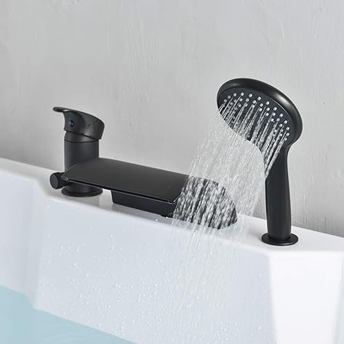 Miniatura 4 de Wathels Grifo de bañera de baño, cascada generalizada, relleno de bañera romana, latón macizo, 3 agujeros con válvula de ducha de mano (oro