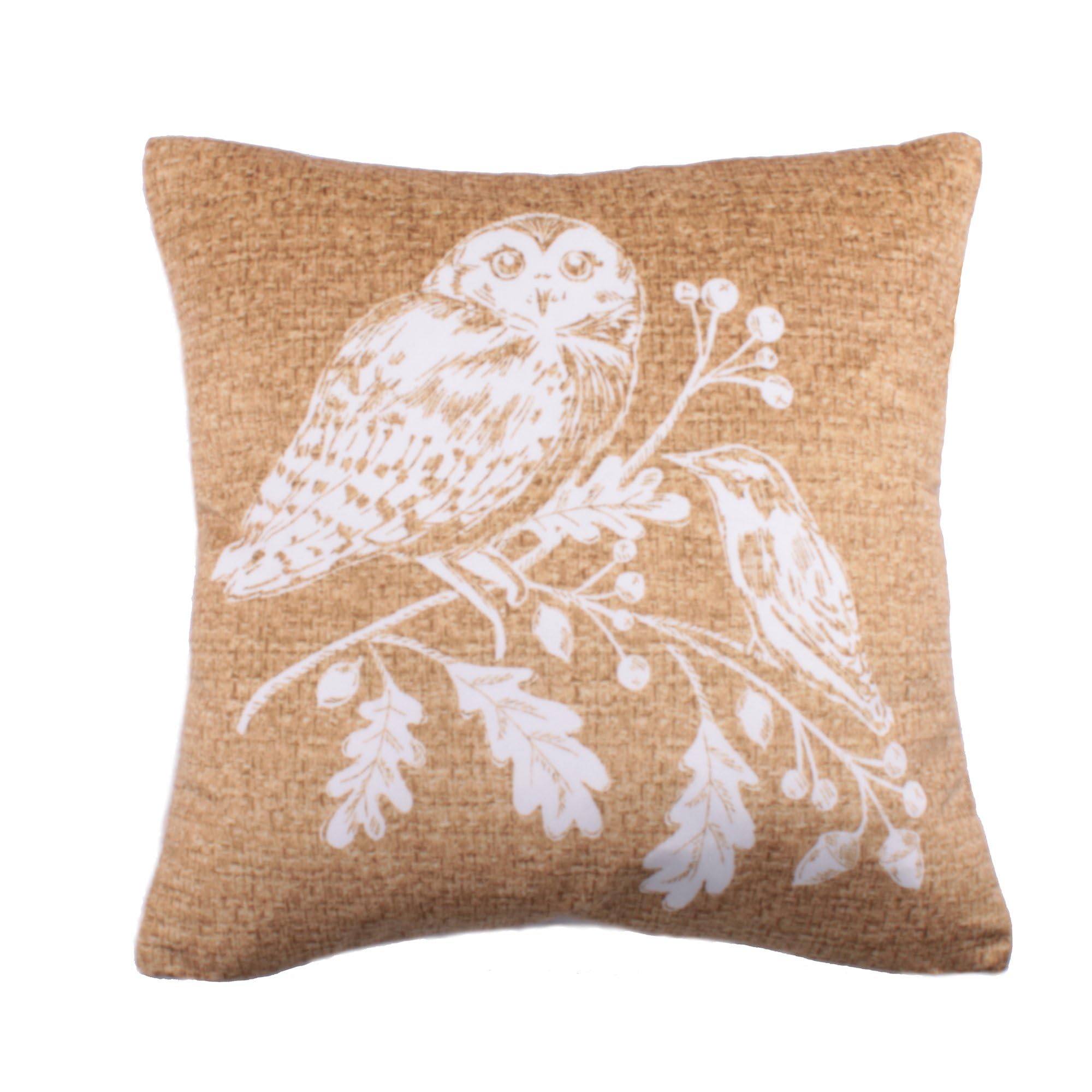 Dreams & Drapes - Ochre Owl & White Fleece Cushion (43 x 43cm) - Woodland Animals Design - Filling Included - Matching Duvet Cover Available