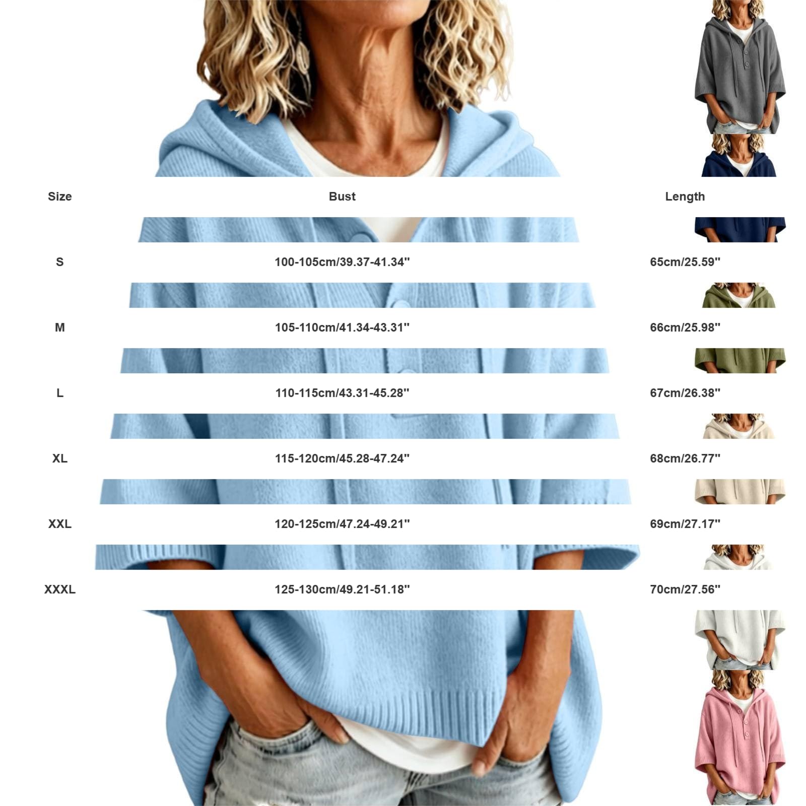 Kapuzen Strickoberteil Damen 3/4 Ärmel Knopfleiste Kordel Kapuze Lässig