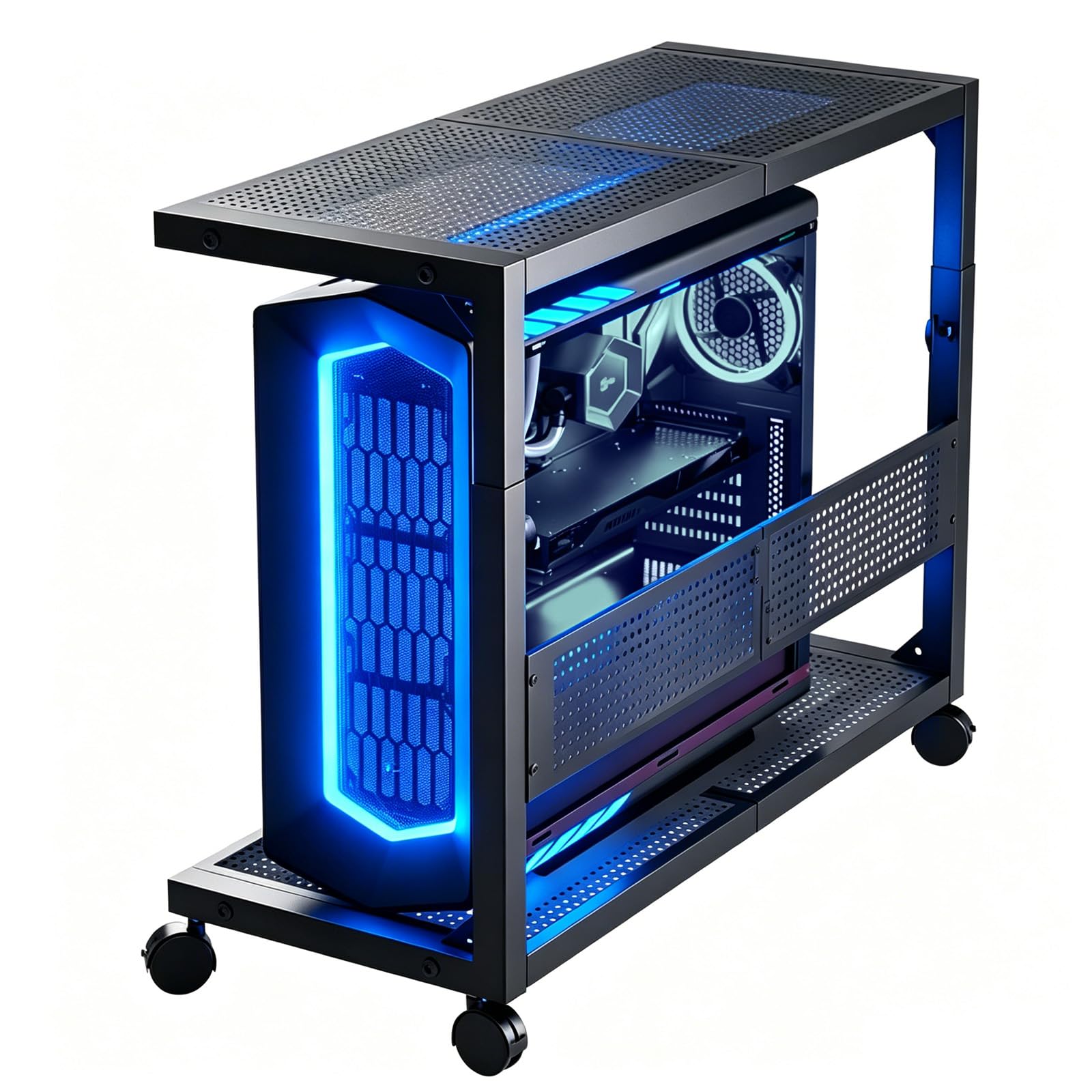 Höhenverstellbarer Computer-Tower-Ständer 2-stöckig – ATX-Gehäuse-Ständer aus Kohlenstoffstahl mit 4 Rollen, für PC-Tower, Bodendrucker & Büroorganisation