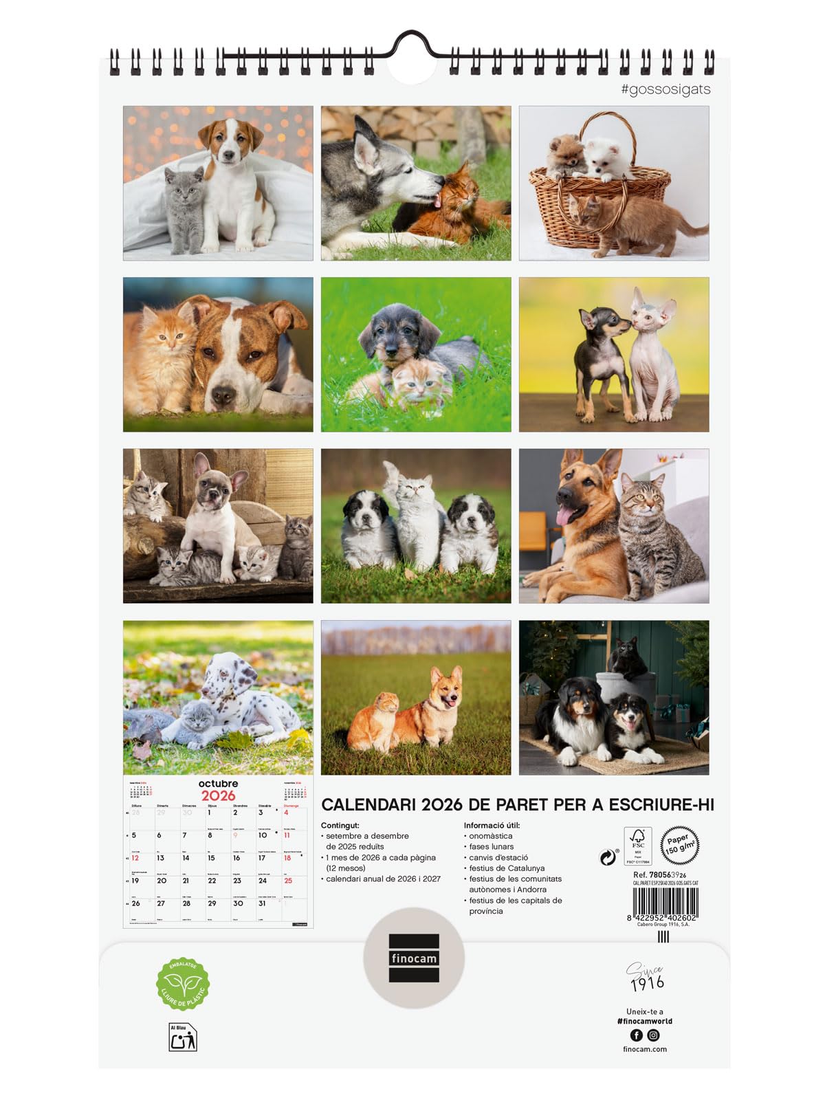Calendrier De Bureau 2026 Catalan Avec Photos Chiens Et Chats - Vue Mois, Spirale Métal, Janv-Déc 2026 + 4 Mois 2025 - 6