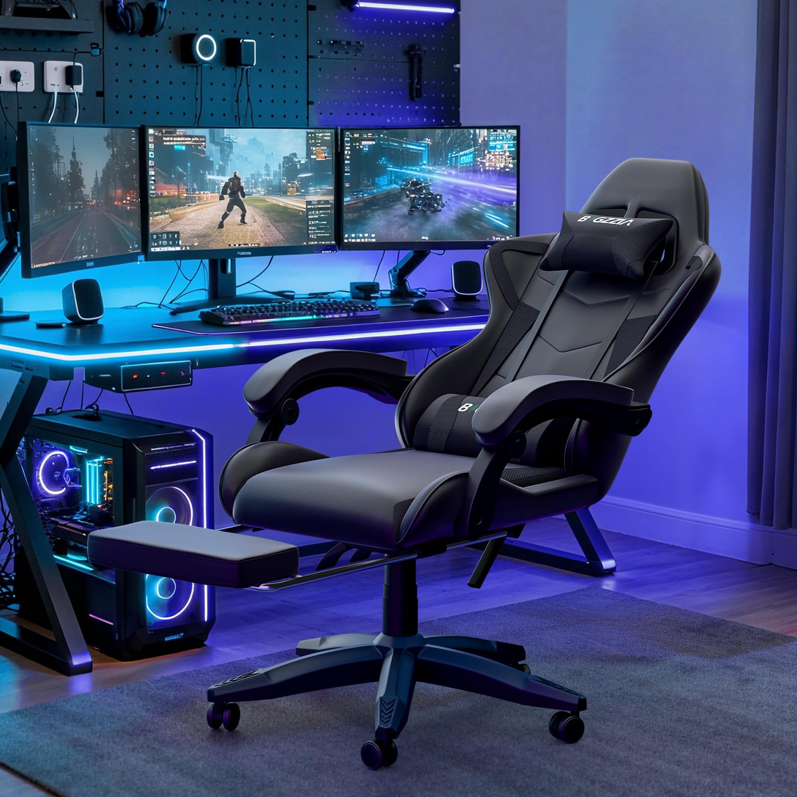 Sedia da gioco con poggiapiedi allungabile e supporto lombare regolabile, reclinabile a 90°-155°, in pelle PU, sedia ergonomica per computer, sedia da ufficio in memory foam con cuscino per