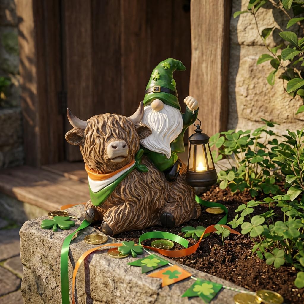 TERESA'S COLLECTIONS St Patricks Decorations for Outdoor Decor,Gnomes Resin Riding Highland Cow and Holding Lantern with Solar Lights for Outside,Shamrock Leprechaun Figurine, Irish Gifts,8.7" - Image 2
