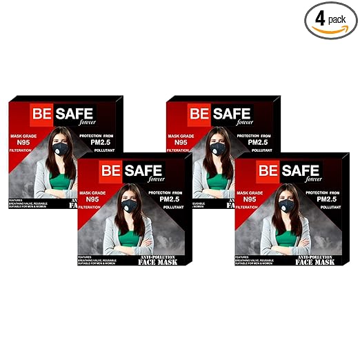 BE SAFE Forever Anti Pollution Face Mask with Activated Carbon- KN95 Filter, for Men/Women Pack of 4