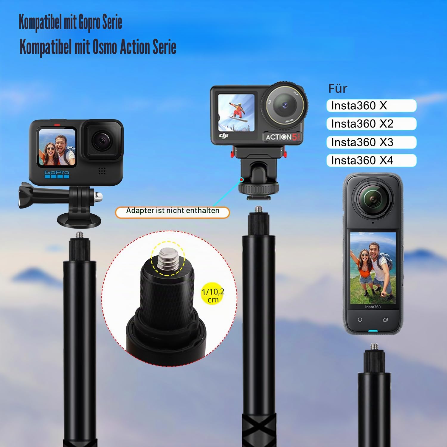 Motorrad Kamera Halterung 47" Selfie Stick Kompatibel mit Insta360 X5 | Unsichtbarer Verlängerungs Stab mit Doppel Klemme Kompatibel mit GoPro 13-3 Osmo 360 für Fahrrad, ATV und Motorrad