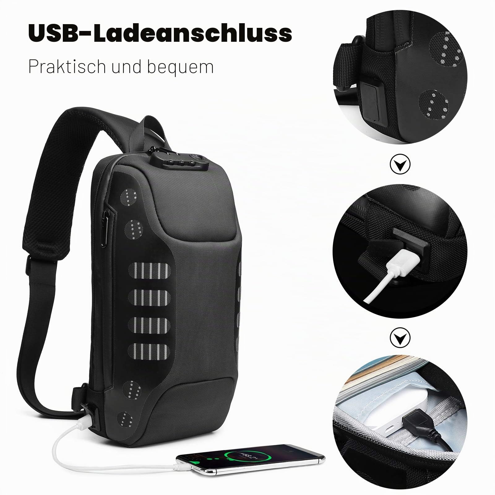 FANDARE Diebstahlsicherung Brusttasche Sling Rucksack Casual Daypacks mit USB für Herren Damen Schultertasche Umhängetasche für Outdoor Sport Wandern Radfahren Reisen Wasserdicht Polyester