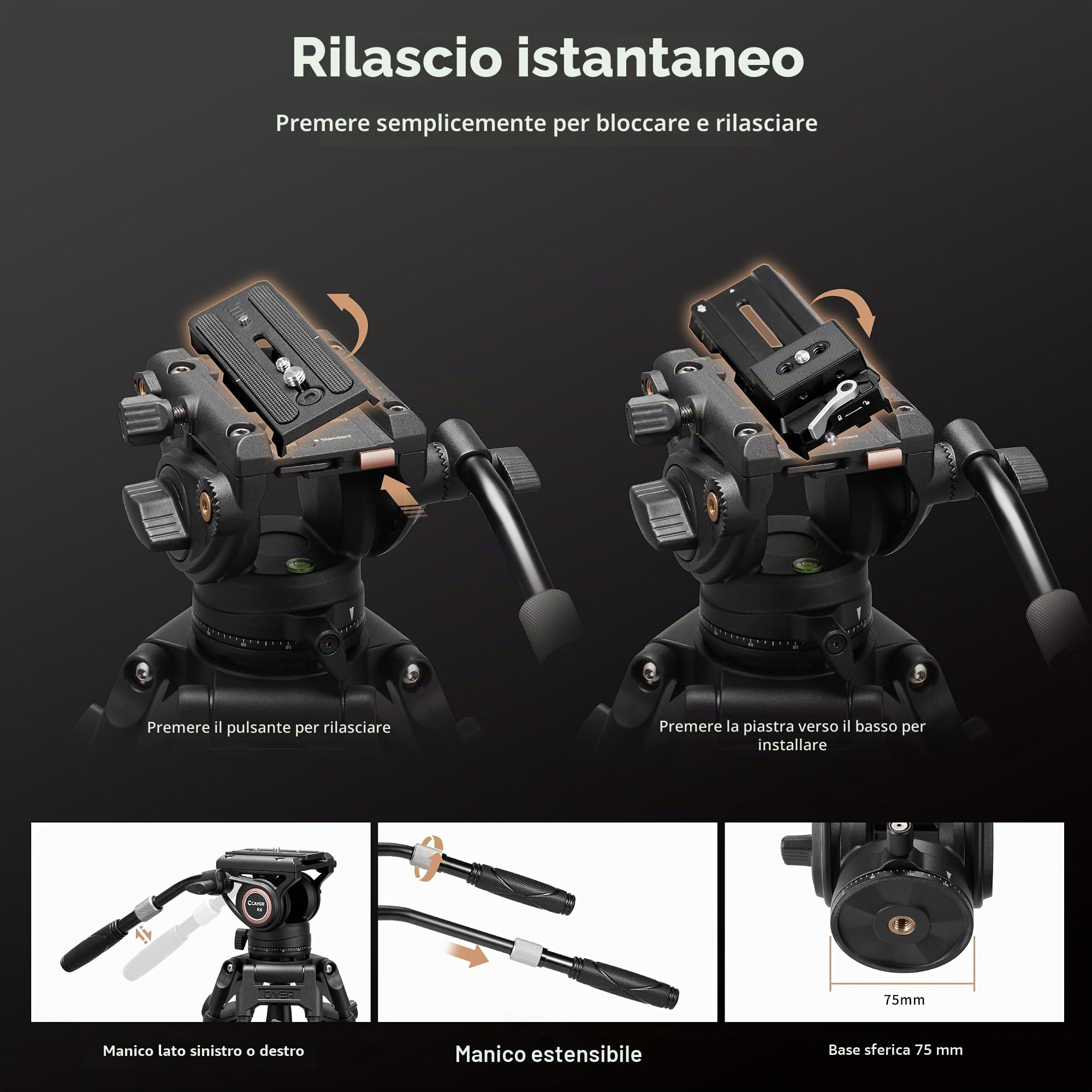 Cayer Testa fluida del treppiede video di con piastra a sgancio rapido, impugnatura telescopica e base graduata per fotocamere mirrorless, videocamere e reflex digitali, K6