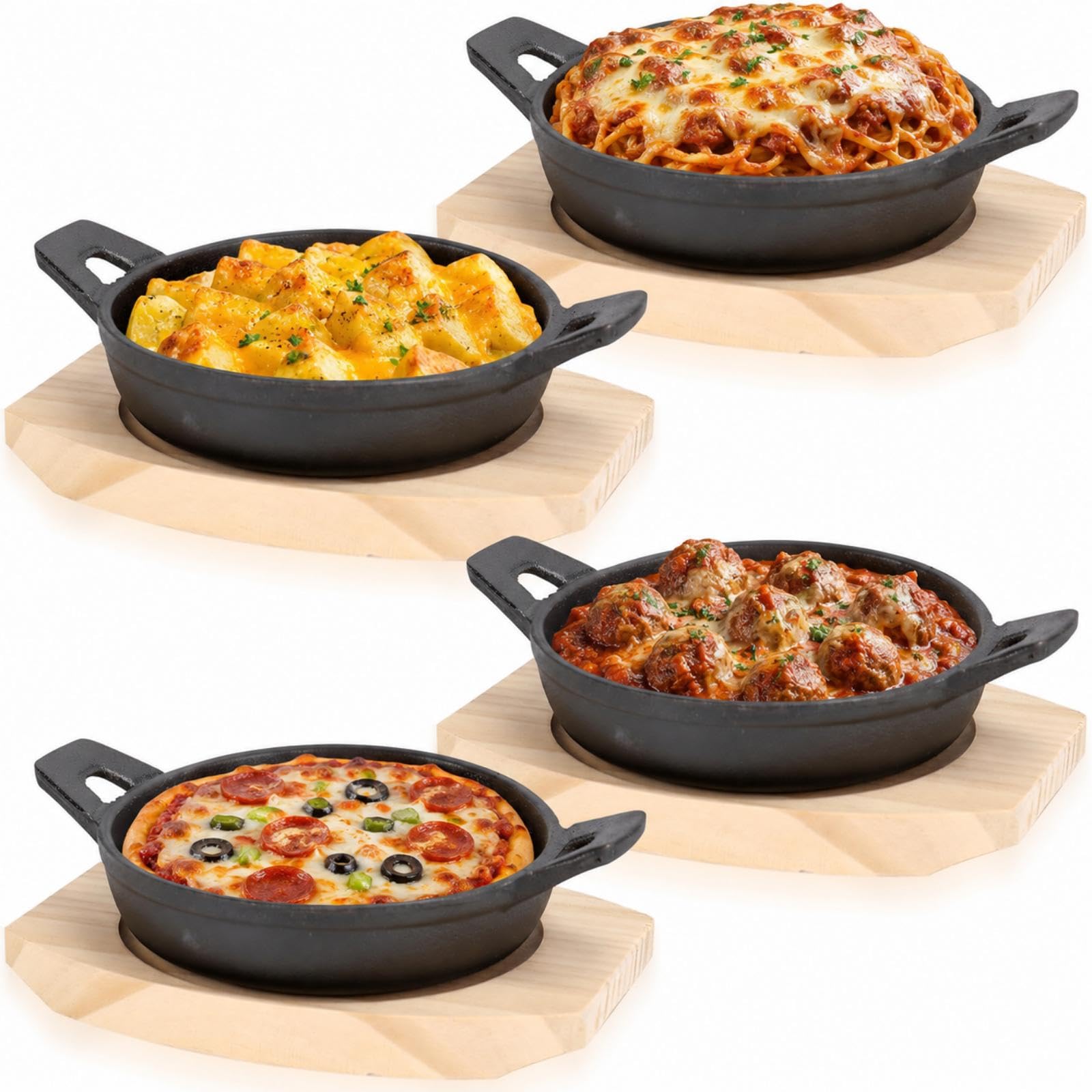 4er-Set Klein Gusseisen-Servierschalen, 14 cm Grillpfännchen mit Holzbrett