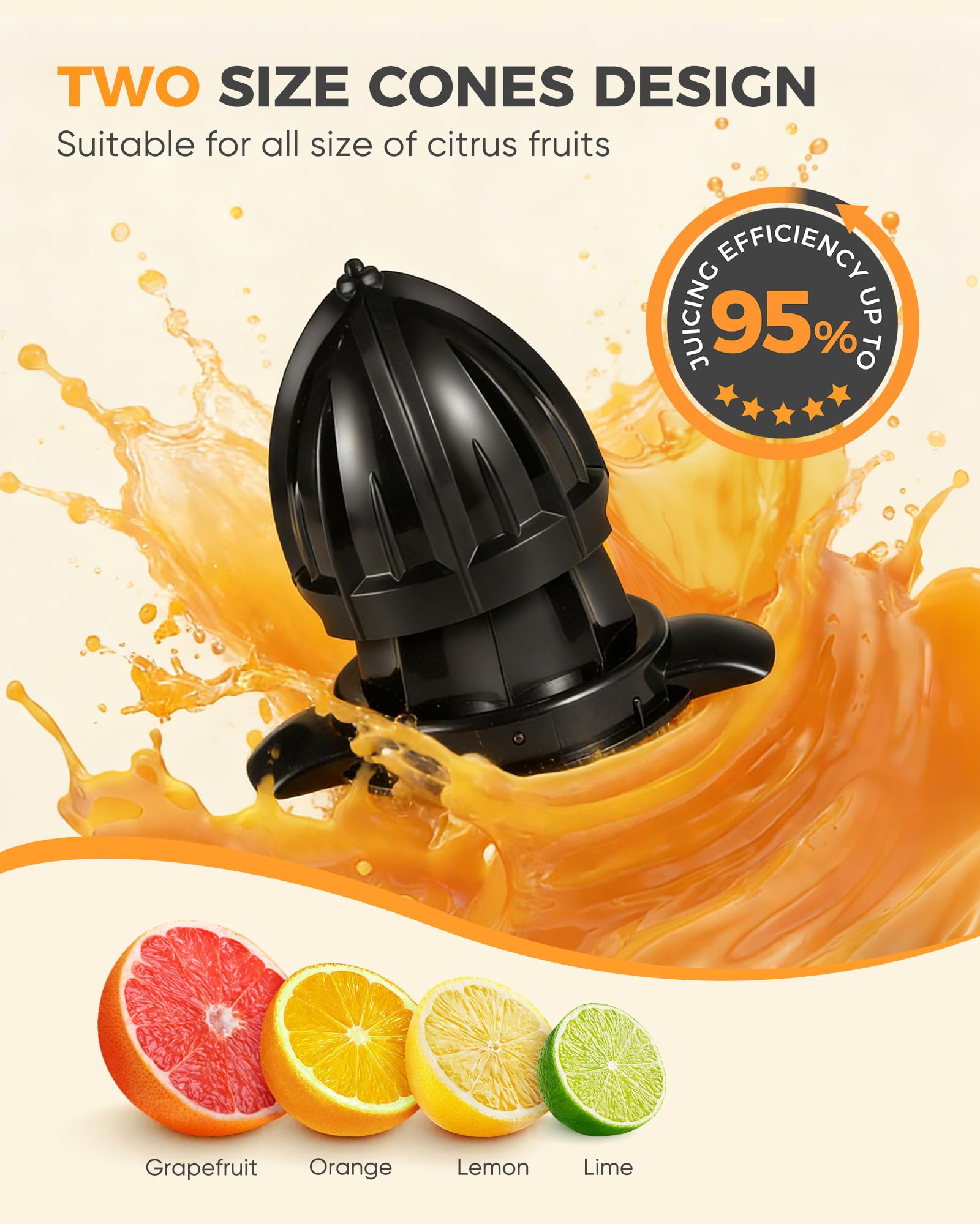 Exprimidor eléctrico de naranja, exprimidor de cítricos con 2 conos intercambiables, máquina exprimidor eléctrico de 160 W con cuerpo de acero inoxidable y colector de jugo transparente para