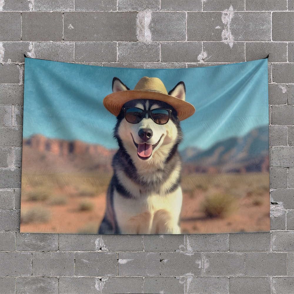 PKRD Wall Tapestry A Happy Husky Wearing A Hat In The Desert. Tapestry Door Decorations For Bedroom Home Decor Men(75X100CM)