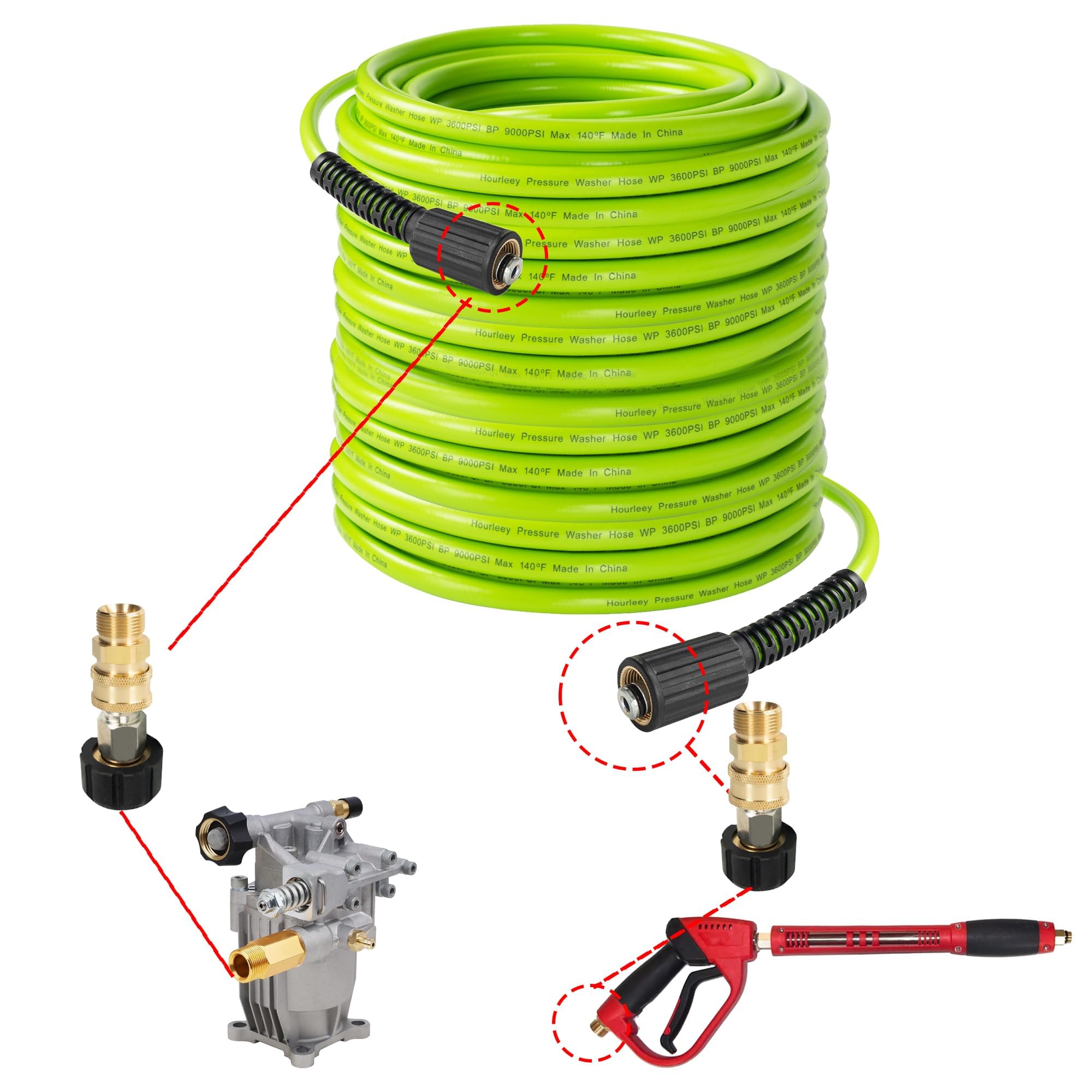 Hourleey Tubo flessibile per idropulitrice da 1,5 m, 3600 PSI flessibile resistente alle pieghe di ricambio, 0,6 cm, prolunga per tubo a pressione a connessione rapida, verde