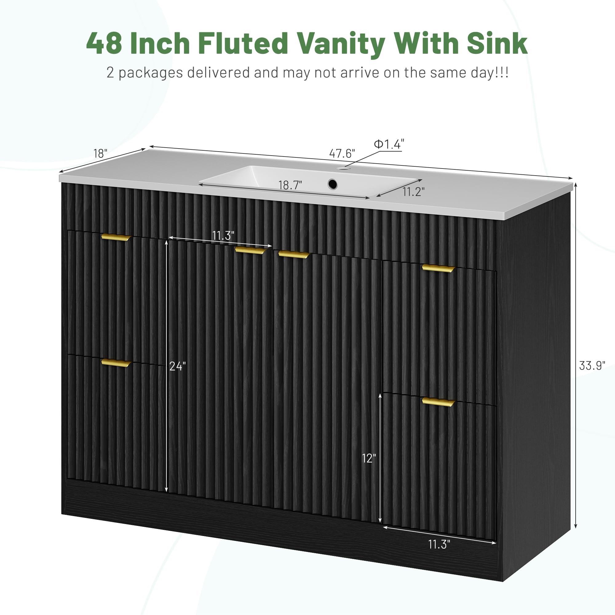 CARPETNAL 48 Inch Bathroom Vanity with Sink, Modern Fluted Bathroom Vanity with Sink with Storage Cabinet, Adjustable Shelf and 2 Soft Closing Doors & 4 Drawers, Black - 2