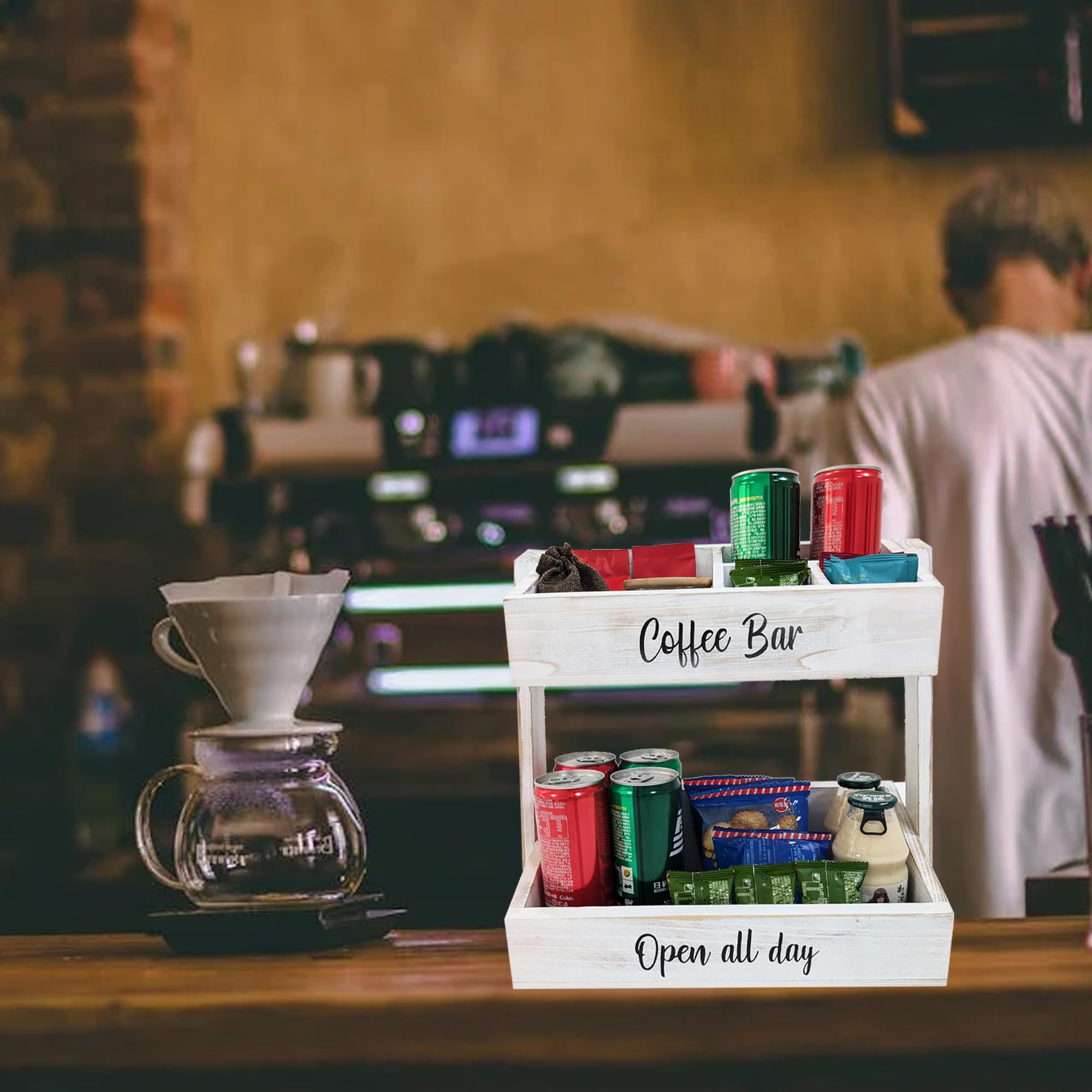 Accessoires et organisateur de bar à café en bois – Organiseur de station de café indispensable pour comptoir, décoration de bar à café, support de sirop et organisateur de condiments – Blanc Estacion