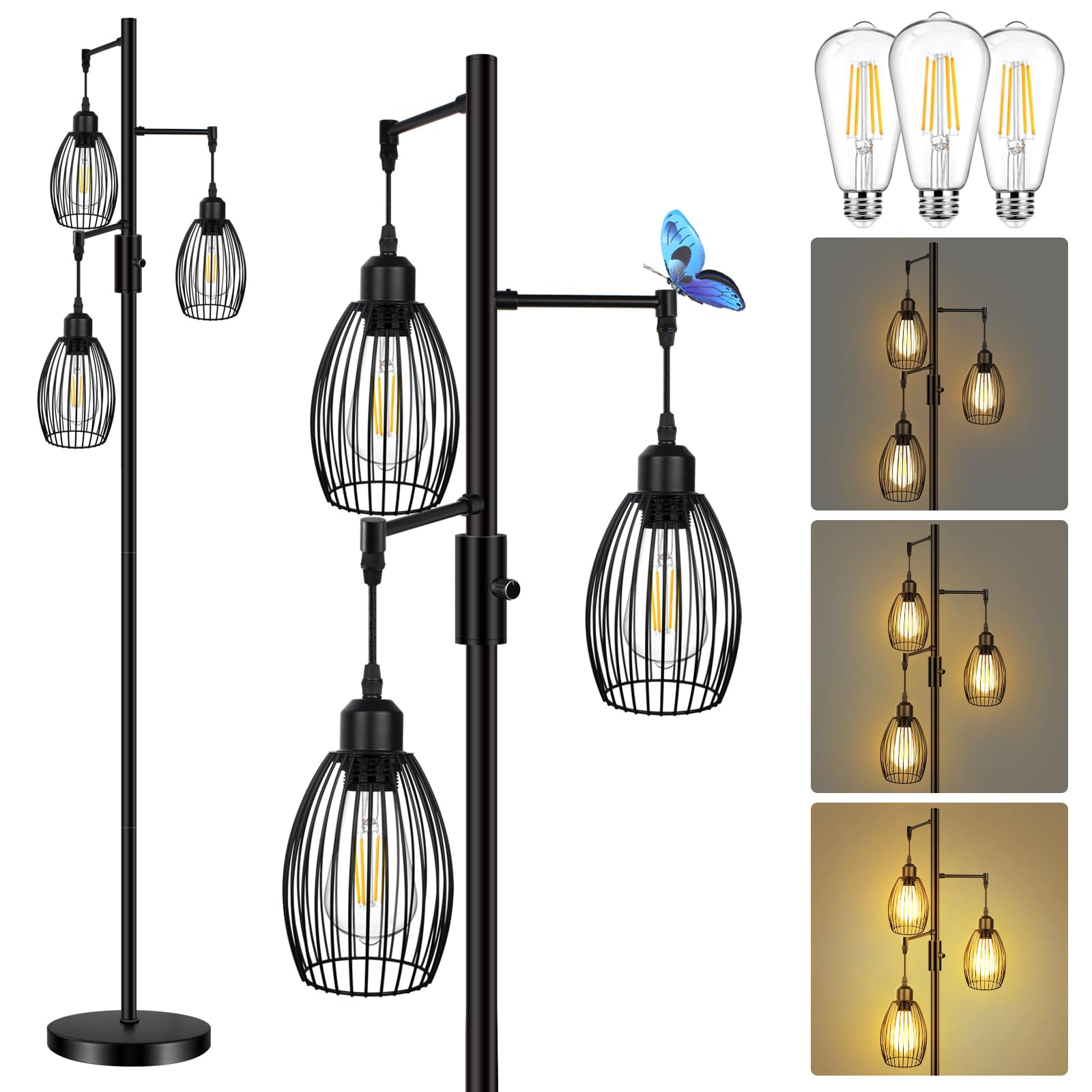 Photo 1 of LTBLIGHT 68" H Dimmable Floor Lamp Retro, Industrial 3-Light Standing Lamp, Tree Floor Lamps Black with Bright 3X 800LM LED Edison Bulbs, Farmhouse Tall Floor Light for Living Room Bedroom Office