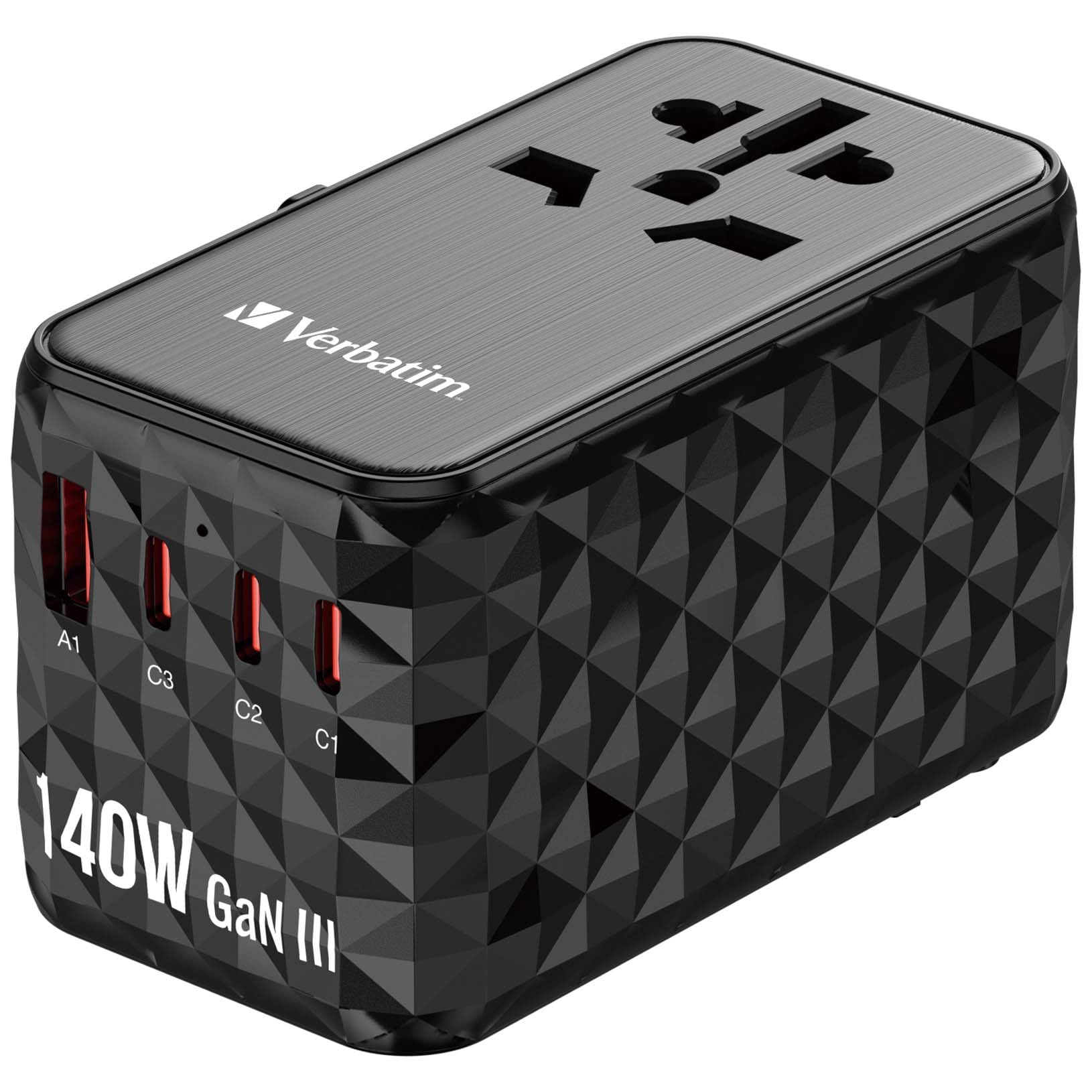 Verbatim UtA-10 - Alimentatore - Gan Iii, Universale - 140 Watt - 10 A - Power Delivery 3.1, Pd/pps, Qc 3.0, Qc 4+, Apple Fast Charge, Bc 1.2, Fast C | Adattatore per presa GaN con USB-C, USB-A e sistemi di spina in tutto il mondo per viaggi e ricarica mo