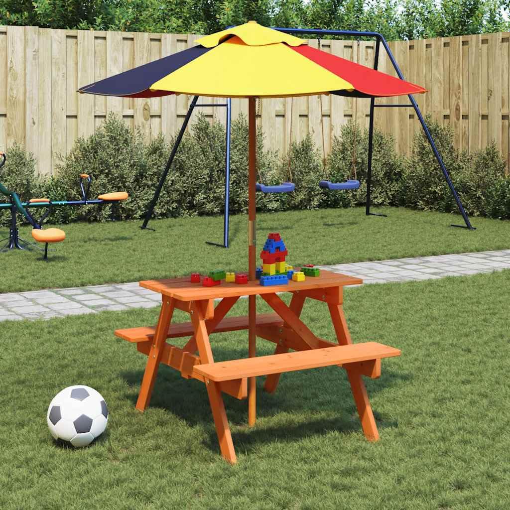 Stół piknikowy dla 4 dzieci z litego drewna jodłowego z otworem na parasol, stół ogrodowy na taras, balkon i do ogrodu, stabilny stół outdoorowy do jedzenia, picia, grillowania i pikniku na
