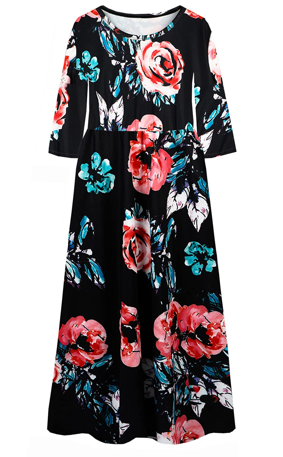 Photo 1 of LYXIOF Girls Maxi Dress Floral Print Summer Casual Short Sleeve Pockets Dress