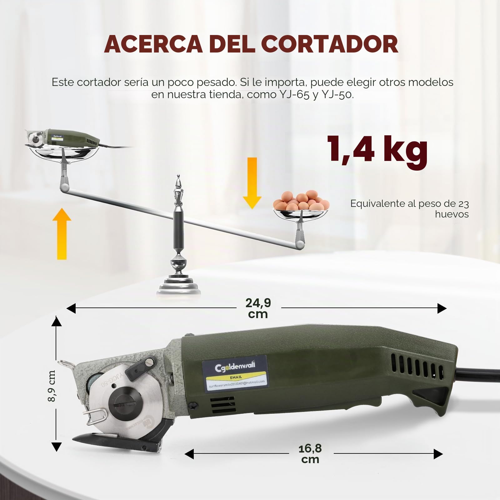 CGOLDENWALL Cortador Tela Electrico YJ-50, Cuchilla 50mm, Textil Cuero | 2400RPM, 20mm Grosor Max de Corte, Cuchilla Repuesto, Industrial, 220V