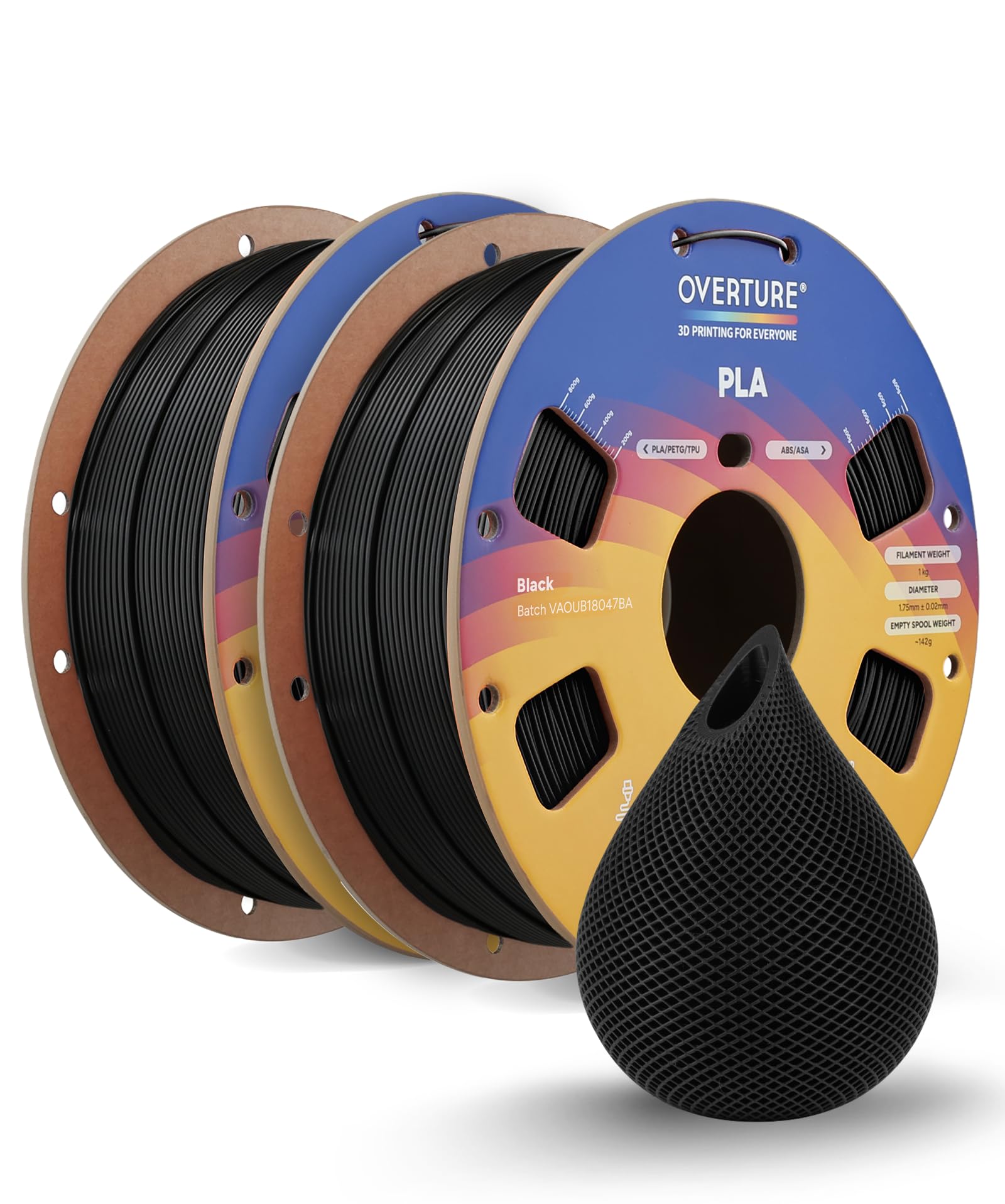 Overture 1.75mm PLA Filament - 1kg Black -23