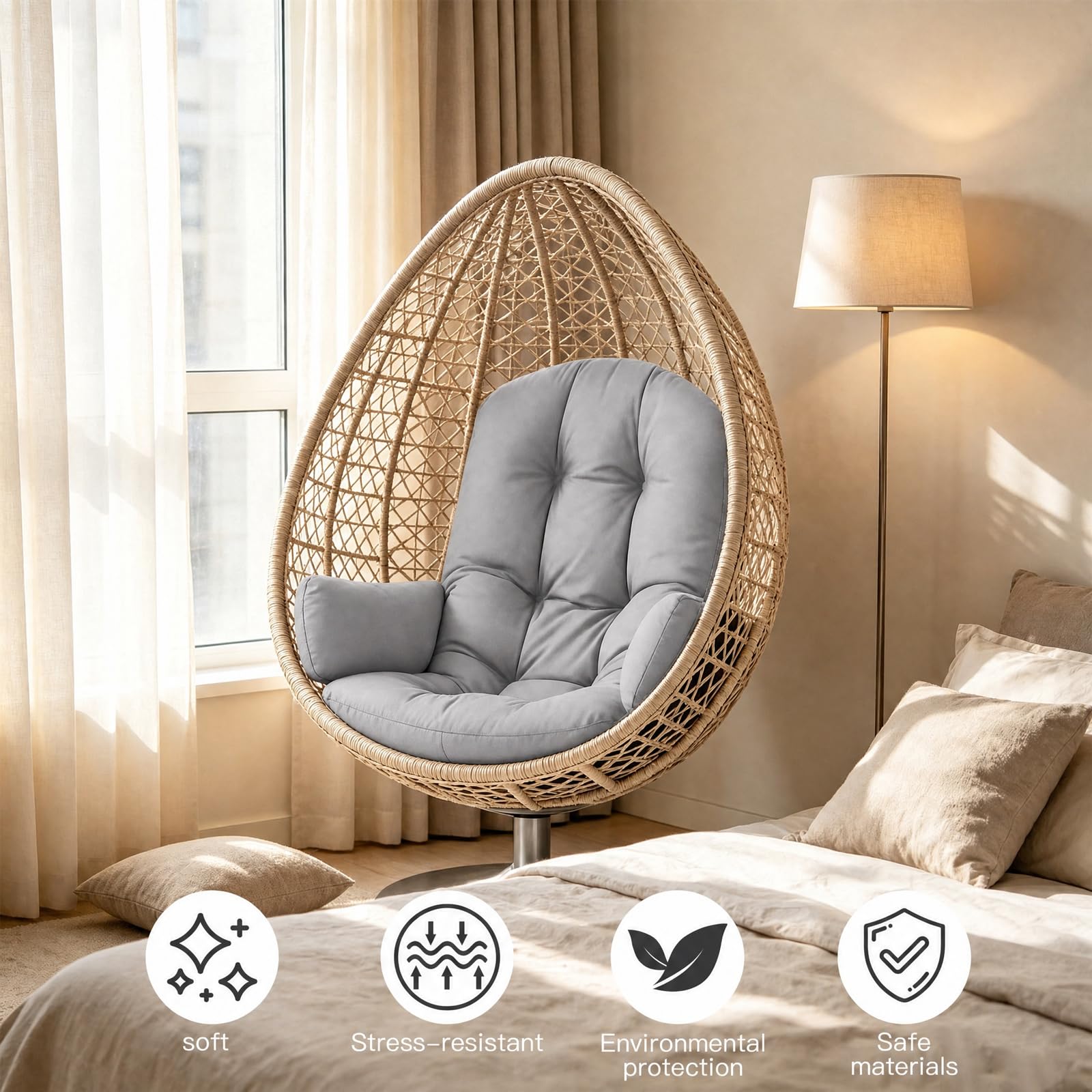 Cuscino per poltrona sospesa per esterni, impermeabile, spesso, imbottito, con forma rotonda e fissaggio, per sedia a uovo di Papasan, balcone, giardino (grigio)