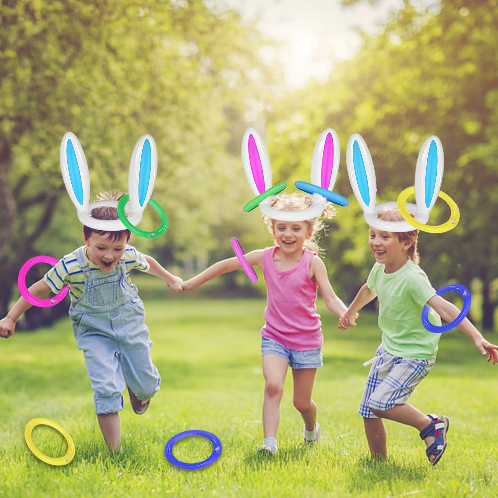 Lot de 2 Jeux de Lancer d'anneaux gonflables pour Oreilles de Lapin (2 Ensembles, 8 Anneaux et 1 Pompe)| Fournitures de fête pour Enfants ou Famille