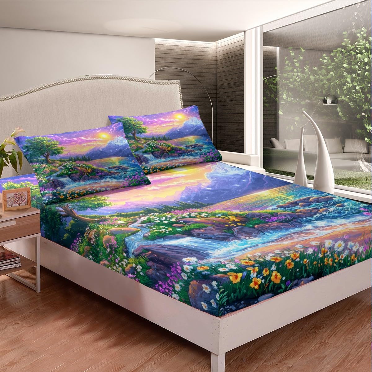 Spring Flowers Fitted Sheet Full,Watercolor Flowers Lake Cabin Decor Bed Sheet 3 Pieces(No Flat Sheet),Dreamy Galaxy Sky Bedding Set for Kids Adults,Rustic Farmhouse Style Deep Pocket Sheett