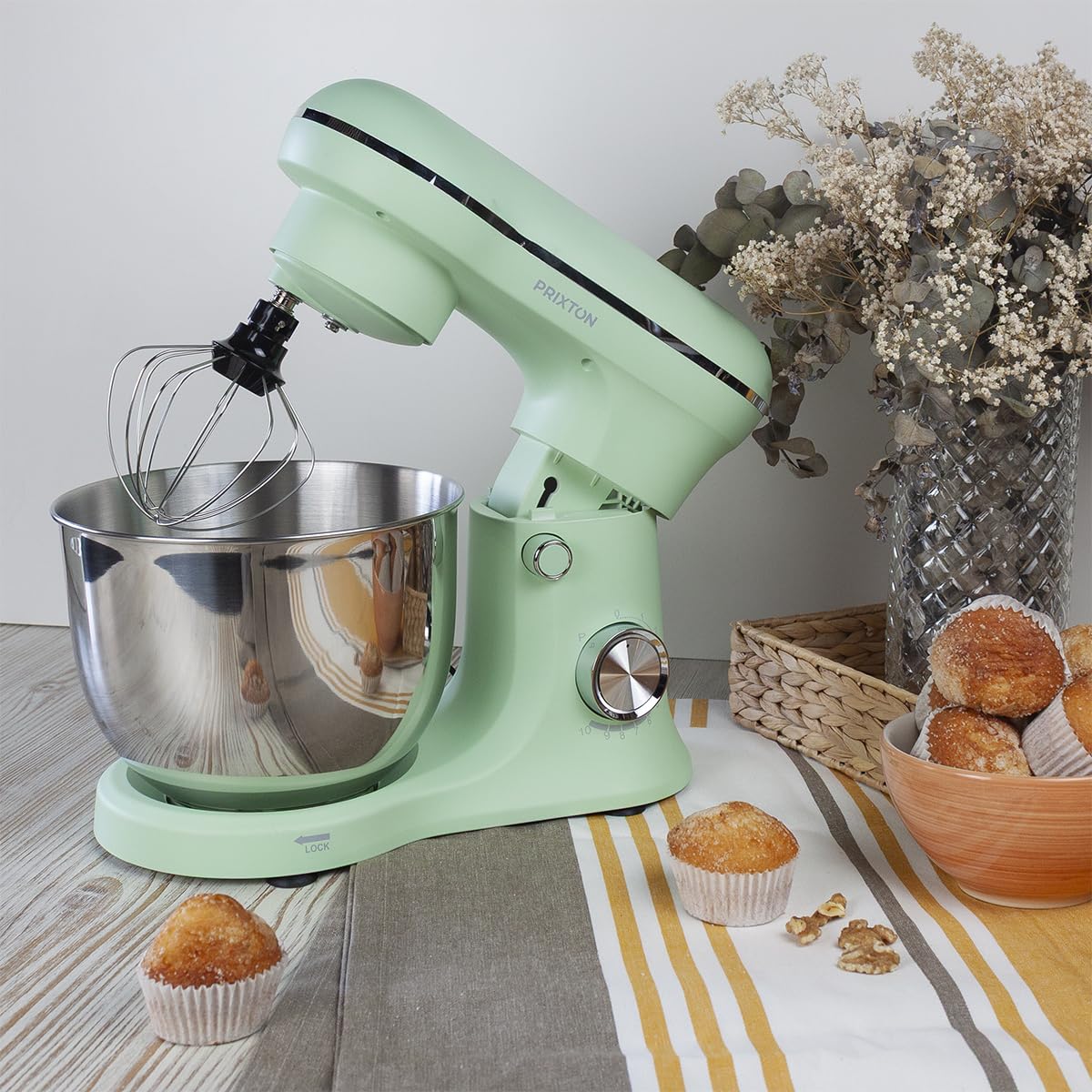 PRIXTON Batidora Amasadora KR250 para Repostería, Potencia 1500W, 10 Velocidades, Bol Acero Inoxidable de 5 litros, 3 accesorios, Tapa Transparente, Color Verde Mint Mate (Reacondicionado)