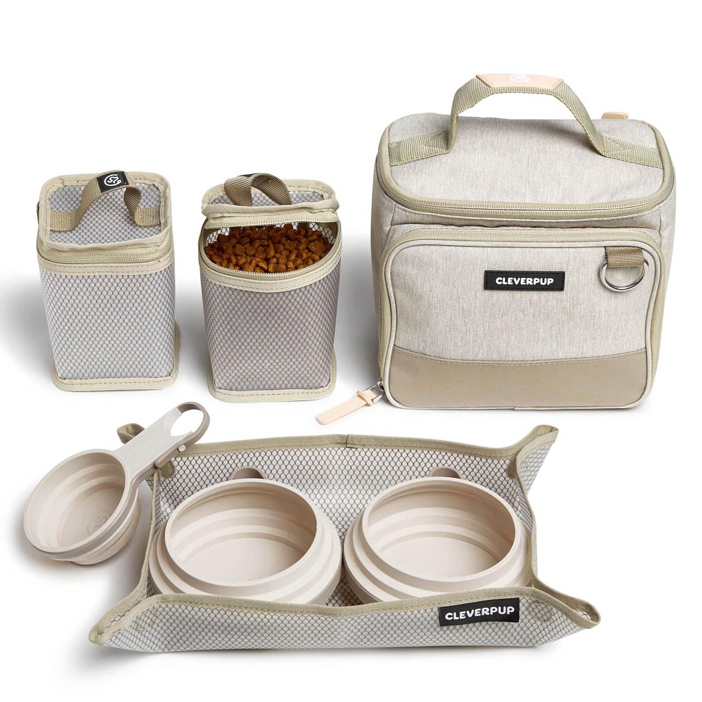 Cleverpup, Kit de viaje de comida para perros de 7 piezas, almacenamiento pequeño de croquetas de 6 tazas, 2 cuencos de silicona, alfombrilla y cuchara, kit de comida portátil de alta calidad para