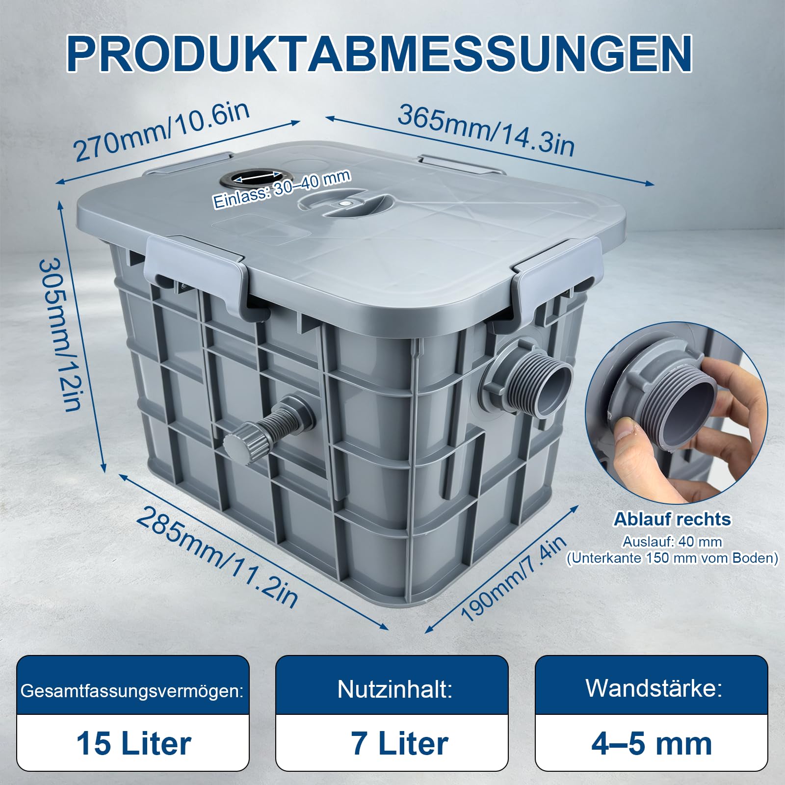 Kommerzieller Fettabscheider, 15L Öl Wasserabscheider mit 1 oberen Einlass, PP Removable Baffles zur Trennung von Altöl, Fett und Wasser verwendet für Restaurant Küchen 37x26x30cm