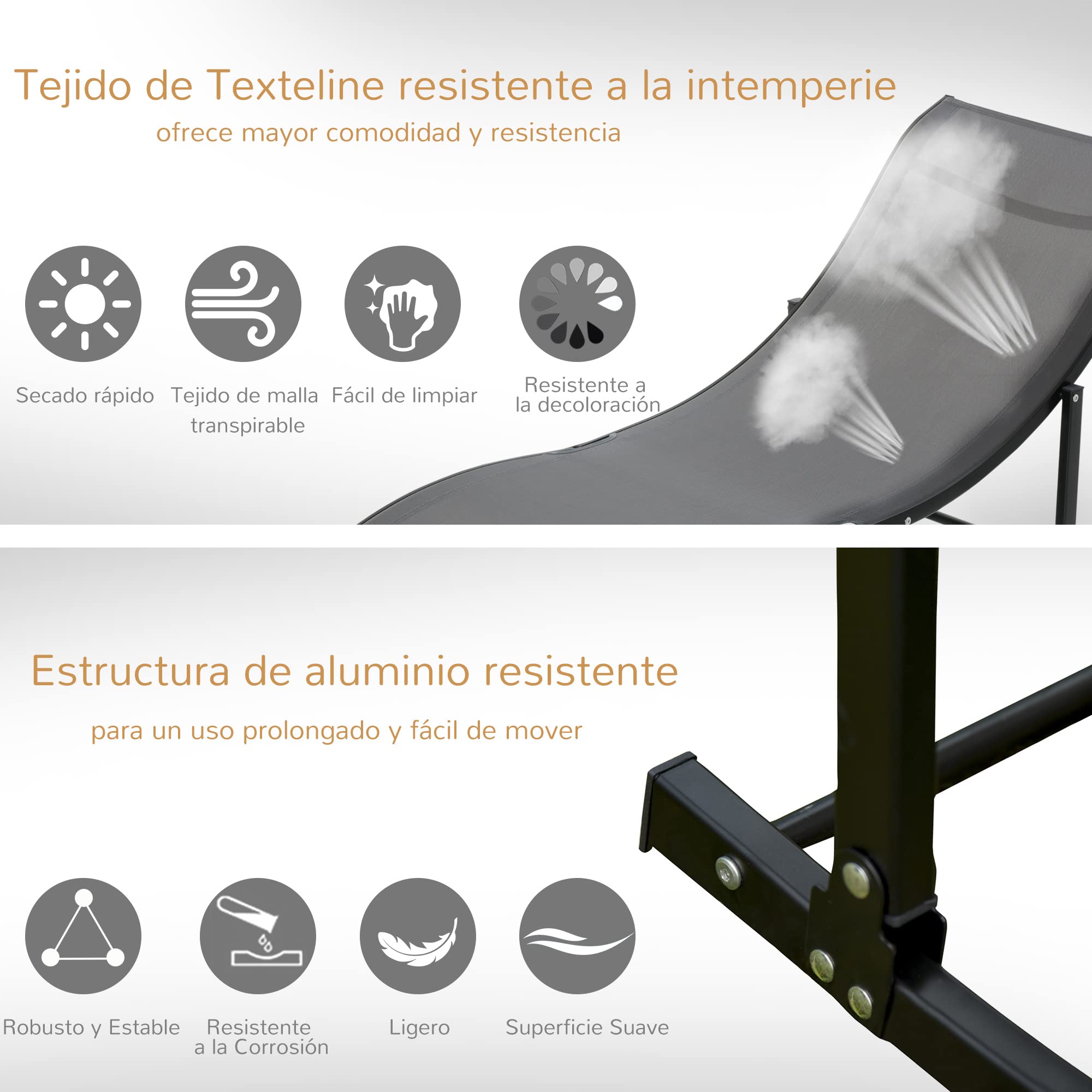Outsunny 2 Tumbonas Plegables Tumbonas de Jardín en Forma de S con Marco de Aluminio Texteline para Piscina Patio Terraza 165x61x63 cm Gris Oscuro