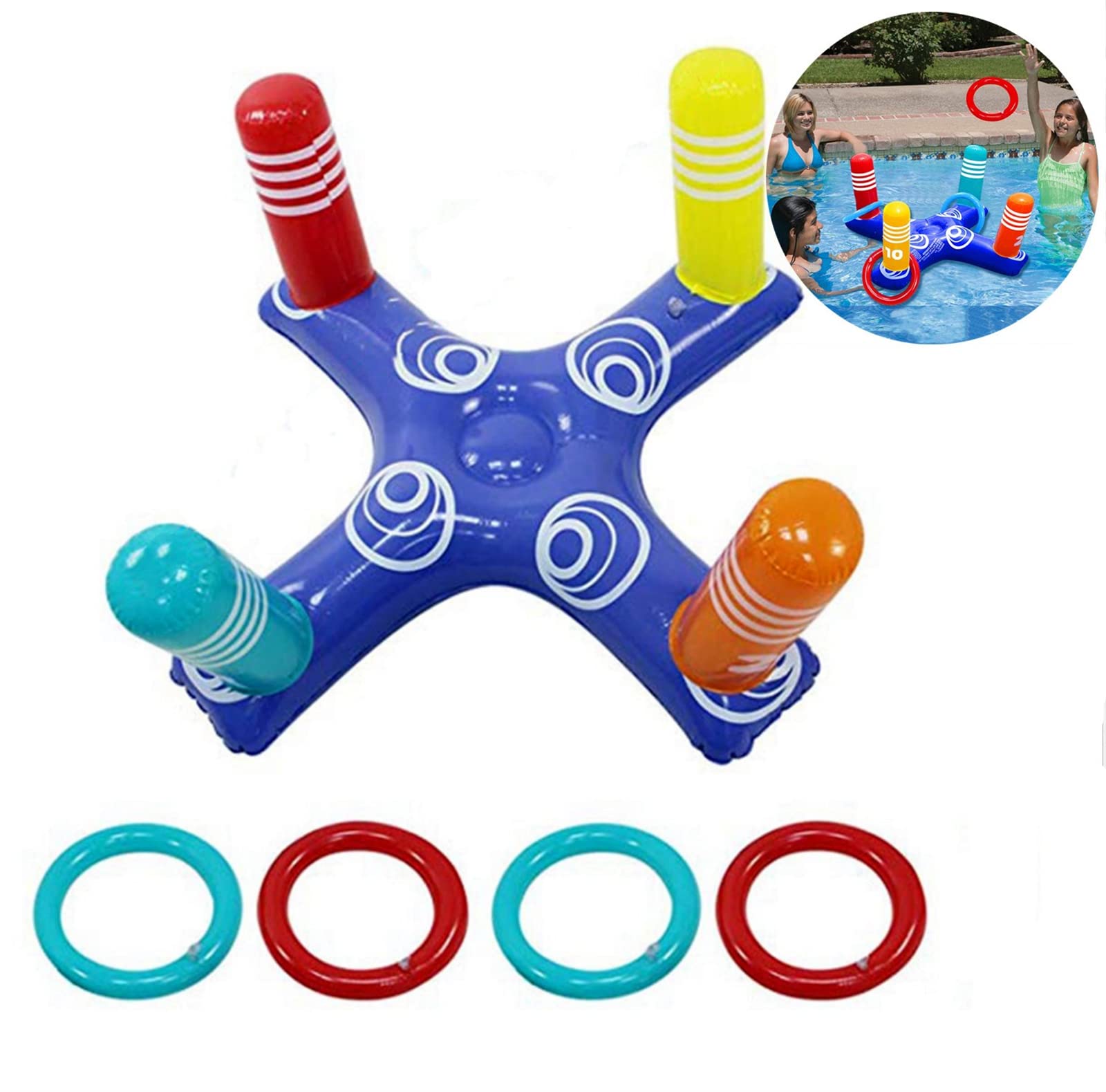 Pool Party Toss Game Inflatable Swimming Pool Ring Toss Game Toys with 4 Rings,Swimming Pool Games Inflatable Toss Ring for Kids Adults Family Summer Water Game Pool Party Indoor Outdoor Lawn Game