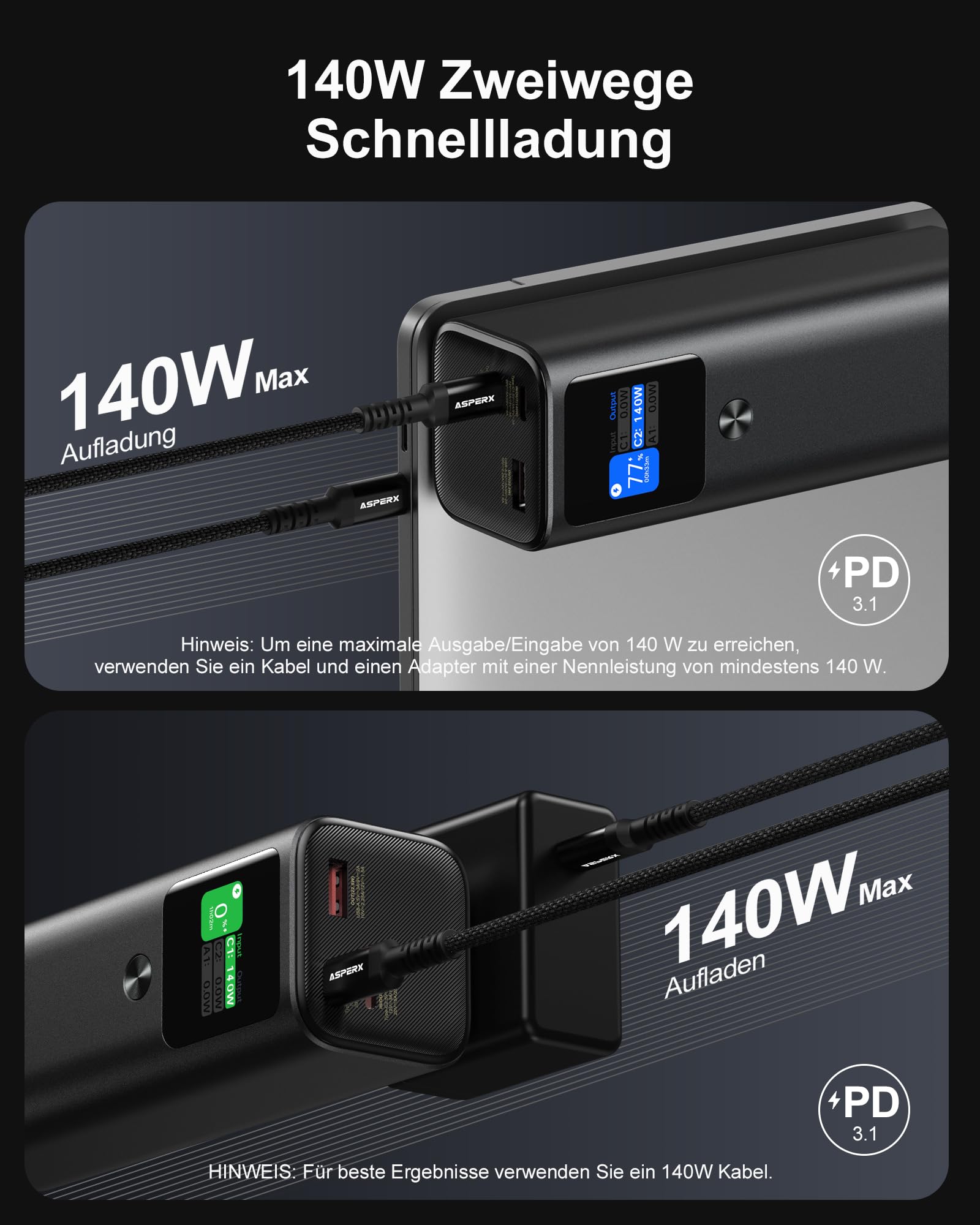 AsperX 140W 27600mAh Powerbank Laptop USB C Schnellladung | Tragbar Alu Legierung Power Bank mit TFT Display,Akkupack für iPhone17/16/15,Galaxy,MacBook
