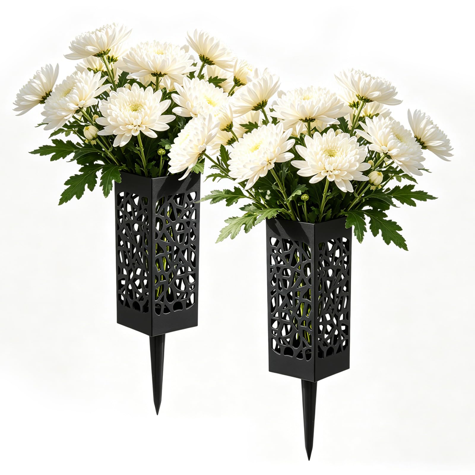 Kuanght Black 2Pcs Cemetery Vases For Grave, Plastic Headstone Vase With Drainage Design And Spike Stake, Memorial Tombstone Flower Holder For Memorial Visits, Remembrance Ceremonies And Funeral Services