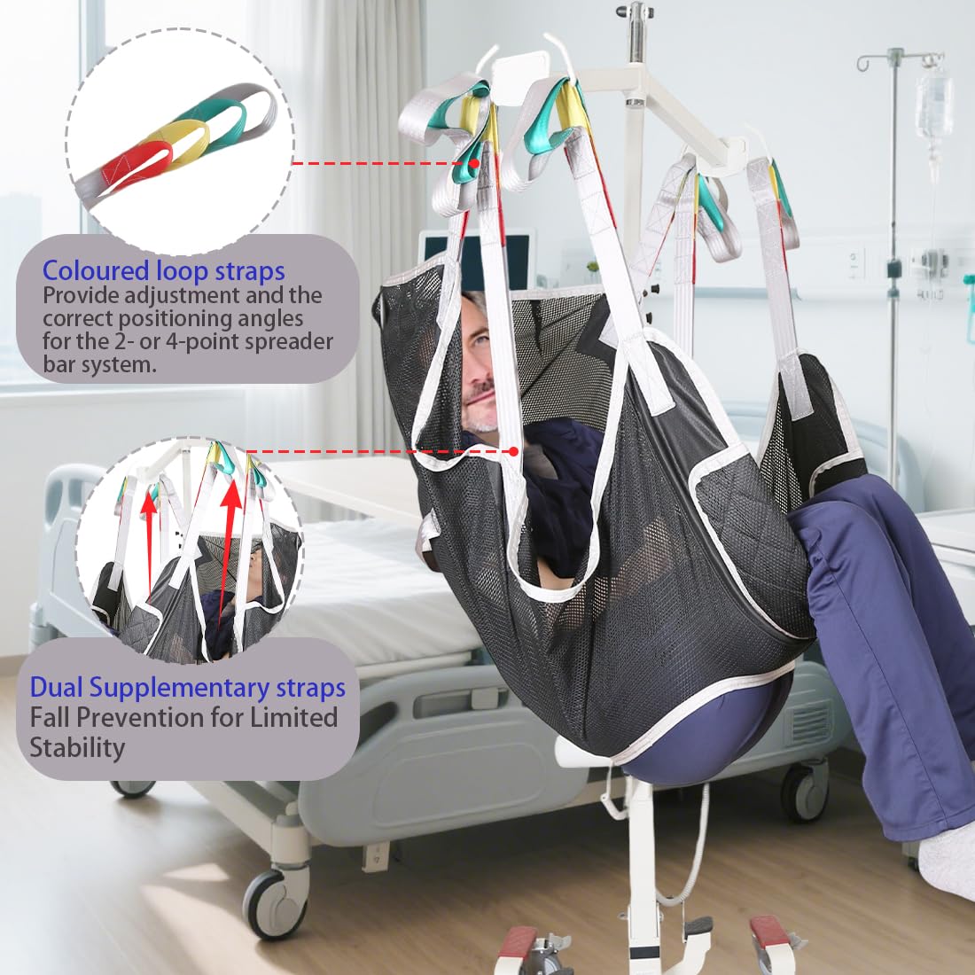 Eslinga universal de 6 puntos de elevación para pacientes de cuerpo completo, malla transpirable y apertura de cómoda, apto para elevadores, capacidad de peso segura de 500 libras (pequeño)