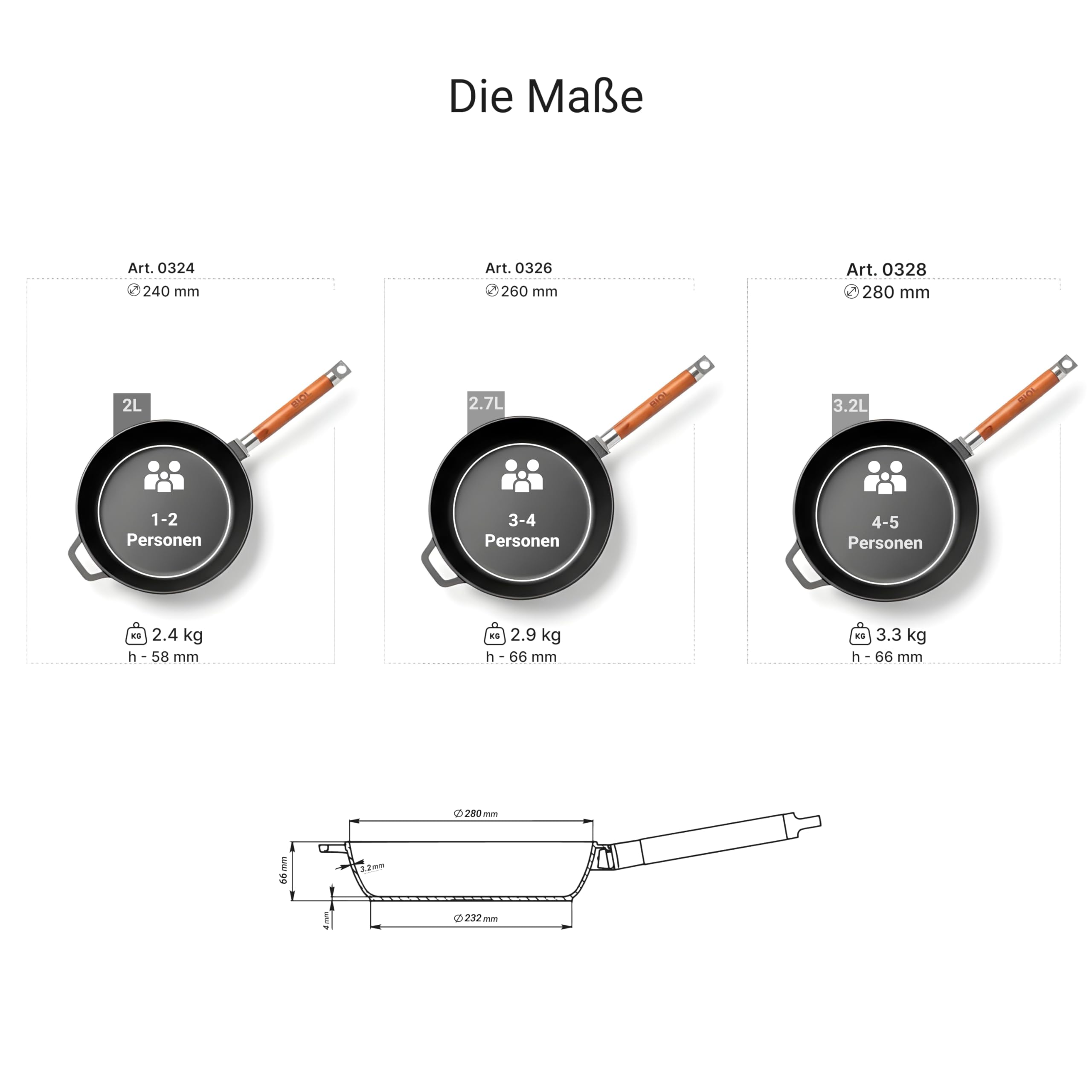 Grillpfanne aus Gusseisen-Pfanne 26, 28 cm abnehmbarer Griff mit Glas Deckel Induktion Biol (26 cm