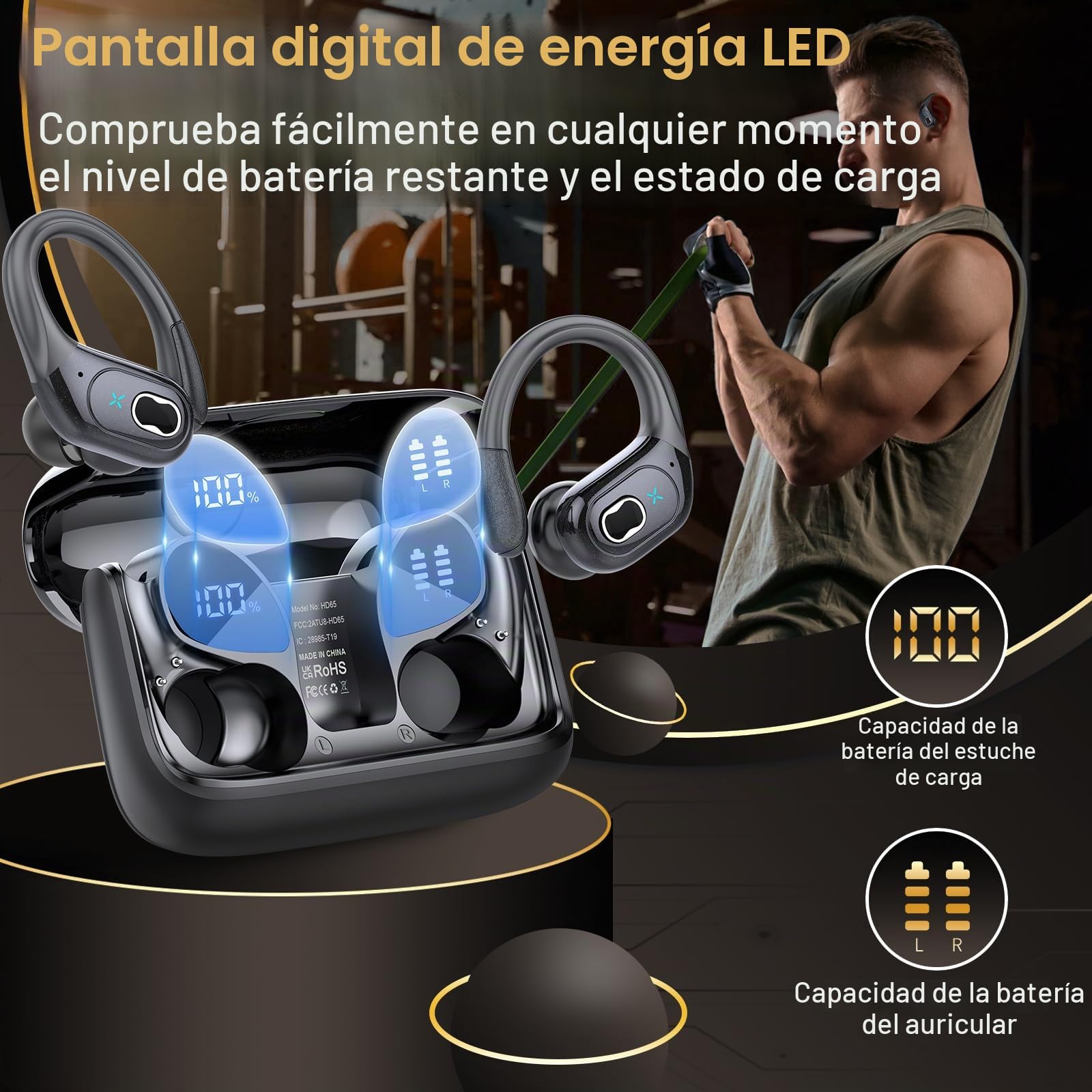 Auriculares Inalámbricos Deportivos, Auriculares Bluetooth 5.4 con App Inteligente y ENC Mic, 75H Cascos Inalambricos con Pantalla LED Digital, IP7 Impermeable Cascos para Gym y Running, Negro