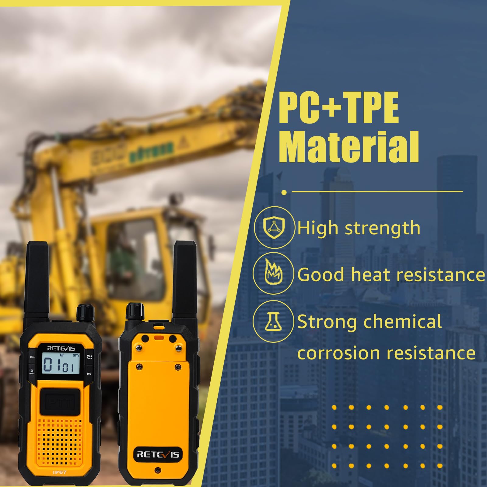 Retevis RB648 Walkie Talkie Impermeabile, Walkie Talkies Resistente, Tripla Prova Avanzata, IP67 Doppio PTT, Vibrazione SOS, Radio Bidirezionale 2000 mAh con Auricolare per Cantiere (2 Pezzi, Giallo)