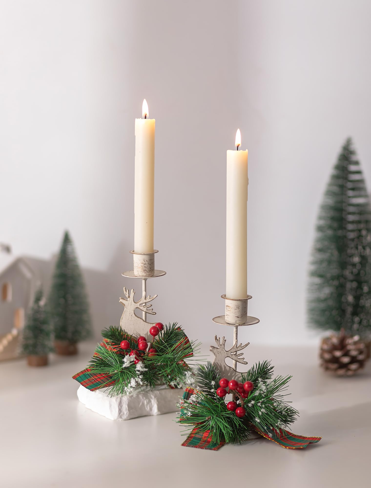 Romadedi Portavelas para decoración navideña: candelabro rústico de reno, centro de mesa de granja, adornos festivos de bayas rojas, decoración del hogar, juego de 24 unidades