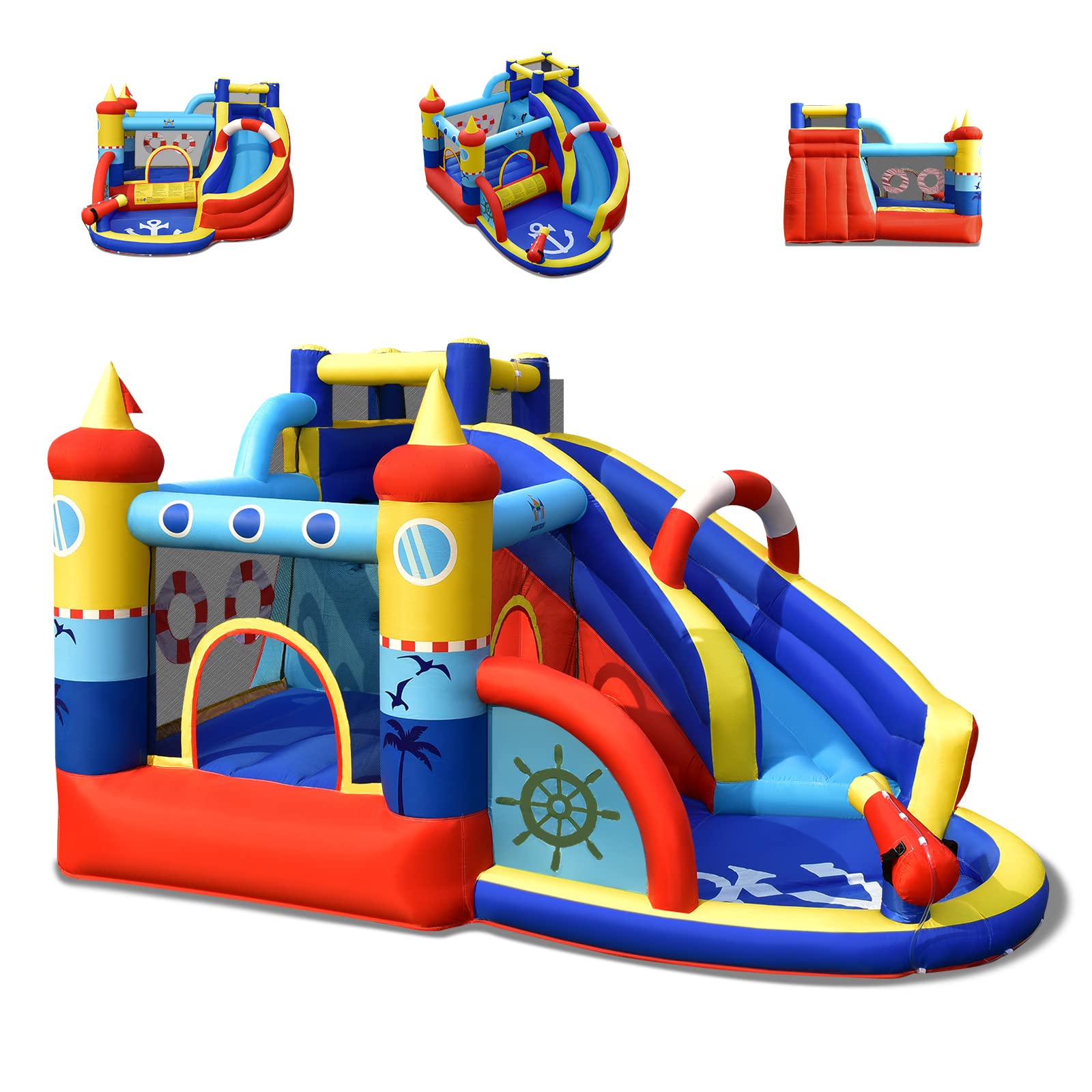DREAMADE Château Gonflable pour 4 Enfants 3-10 Ans avec Long Toboggan Piscine Mur d'escalade 380 x 290 x 200 CM Charge 120KG Parc Aquatique Intérieur Extérieur (sans Gonfleur)