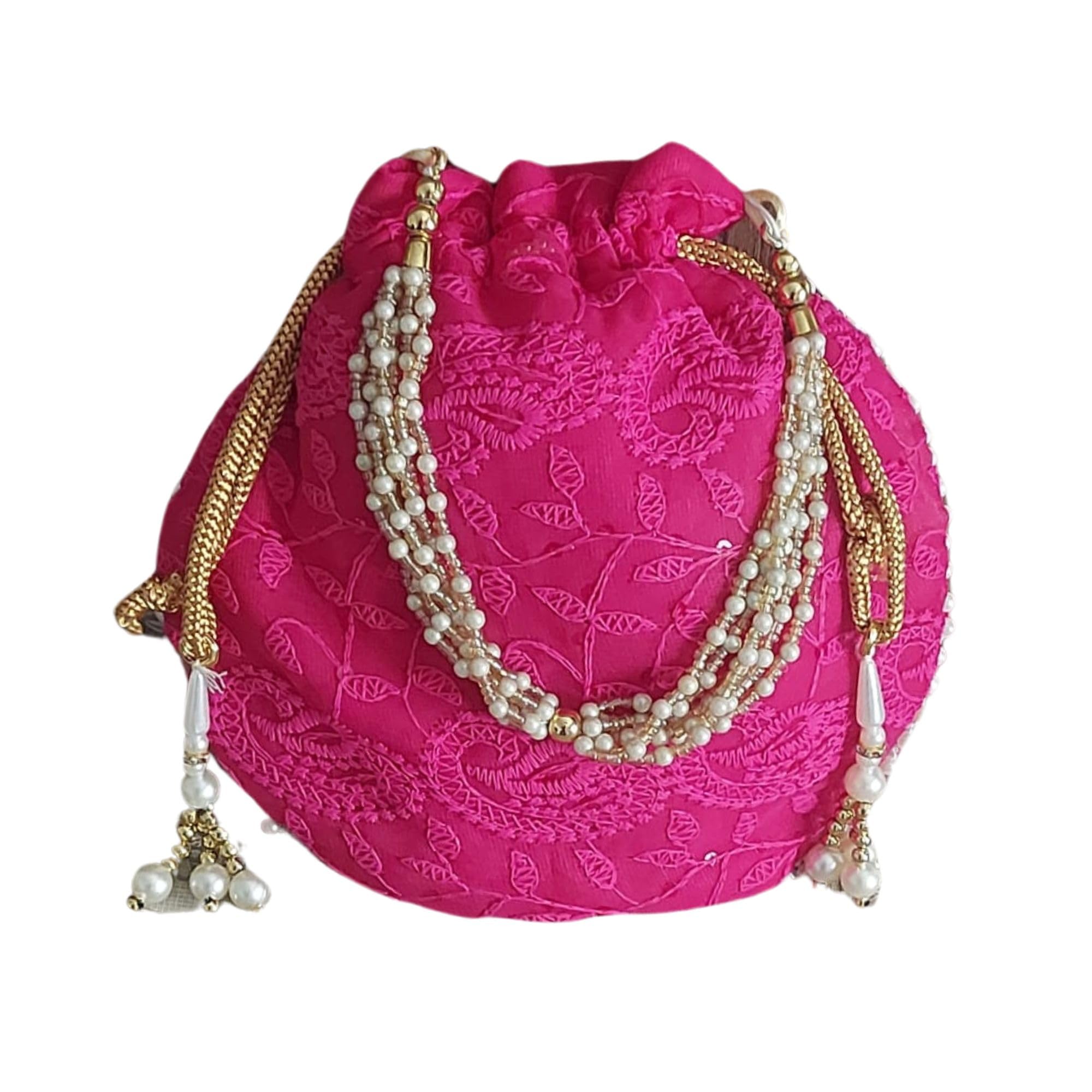 Lucknowi Chikankari Drawstring Potli Bag - style hanging Wristlet Bag, Indian Ethnic Potli Bags for women for Wedding, Traditional Potli Bags-image-37