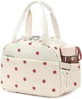 Lunch Box Lunch Bag Insulated Lunchbox Cute Reusable Lunch Tote bags for School Work Picnic for Kids Girls Women (Beige Strawberry)
