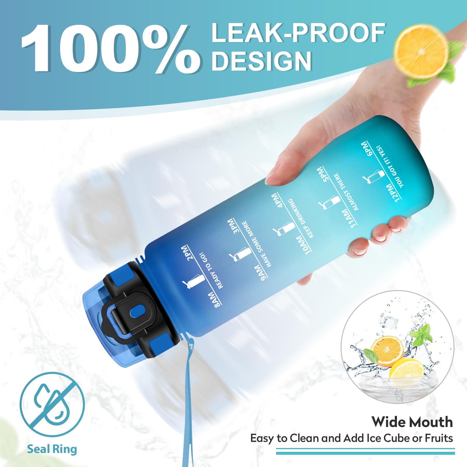 Borraccia 1L, Borraccia con Cannuccia, Bottiglia Riutilizzabile, Borraccia Sportiva con Marcatori Temporali, Bottiglia senza BPA, A Prova di Perdite, Borraccia Sport per Fitness, Scuola, Ufficio